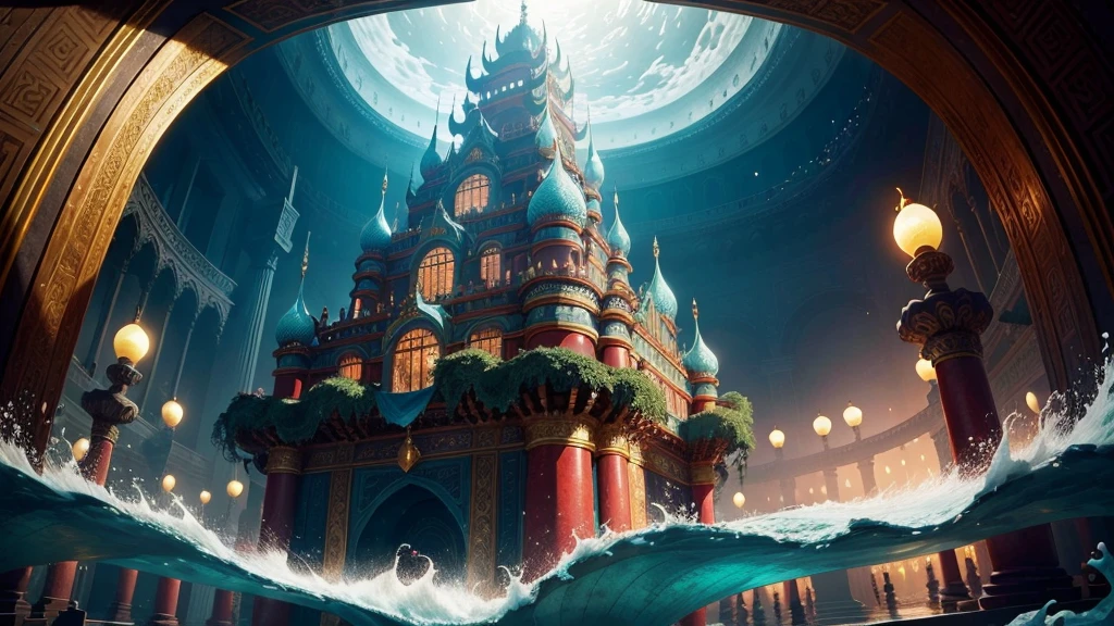 Hidden beneath the vast sea lies a mysterious undersea kingdom - the Dragon Palace. The dragon palace has a majestic palace built of gold and jade that shimmers brightly. Above the palace are nine rainbows that join together to form an immense canopy, as if made by heaven.Outside the palace are seas of flowers and coral forests, colorful and vibrant. Crystal lamps frequently flash, illuminating the gorgeous palace.
The scene is captured using a Nikon D850 camera and 15mm fisheye lens to encompass the vast vista. f/4 aperture and 1/30 sec shutter speed are chosen to depict the splendor inside the palace and the flow of water. ISO 6400 is set to account for the low light underwater. Enormous underwater ocean waves extend across the back of the palace, highlighting its brilliance and extravagance. The scene captures the mystic and fantastical depiction of the Dragon Palace from Journey to the West