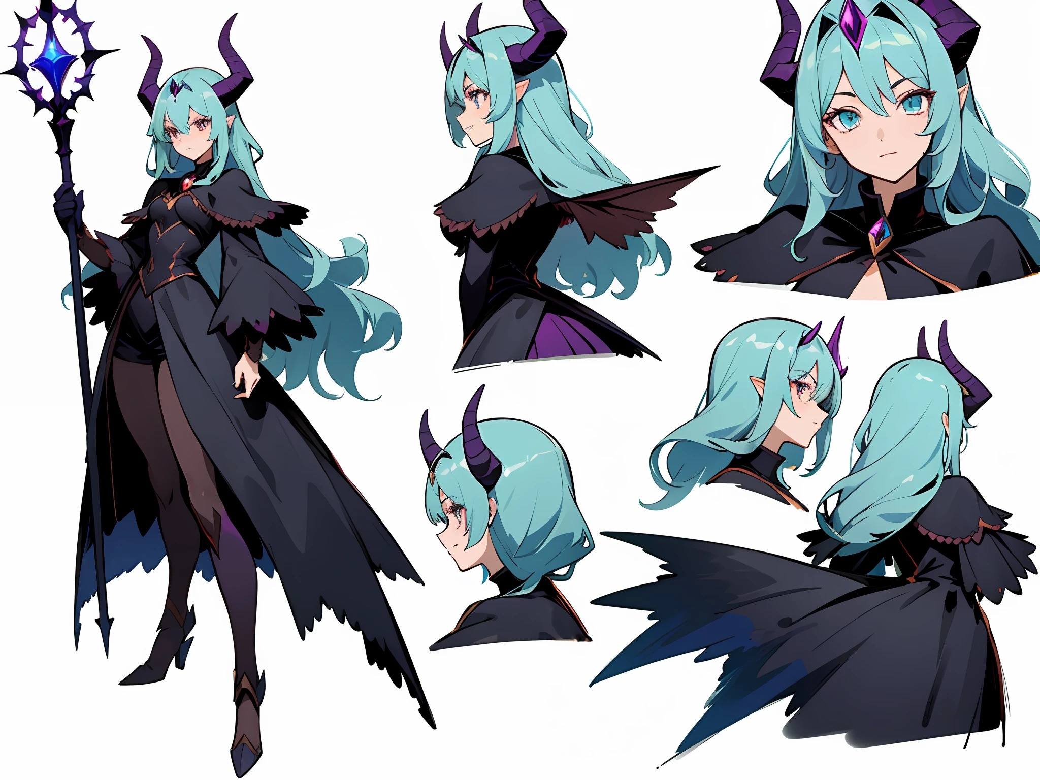 ((masterpiece)),(((best quality))),((character design sheet,same character,front,side,back)),illustration,1 girl,long hair,hair on eyes,beautiful eyes,environment Scene change, pose too, female demon, horns, holding a magic scepter, charturnbetalora, (simple background, white background: 1.3)