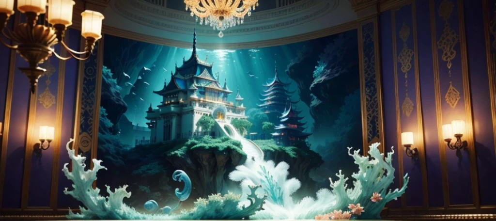 ((Underwater)), ((Underwater World)), ((Swimming fish)), bubbles, blue, under the vast sea hides a mysterious underwater kingdom - Dragon Palace. There is a palace built of gold and jade in the Dragon Palace, which is resplendent and shining. There are nine rainbows on the palace, reflecting each other, just like a design made in heaven. The flower sea and coral forest outside the palace are colorful and full of vitality. The crystal chandelier flickered frequently, illuminating the magnificent palace. The scene was shot with a Nikon D850 camera and a 15mm fisheye lens to cover a wide field of view. Choose f/4 aperture and 1/30 second shutter speed to depict the grandeur and flowing water in the palace. ISO 6400 is set to allow for low light underwater. Huge underwater waves stretch across the back of the palace, highlighting its splendor and luxury. The scene captures the mysterious and dreamlike depiction of the Dragon Palace in Journey to the West