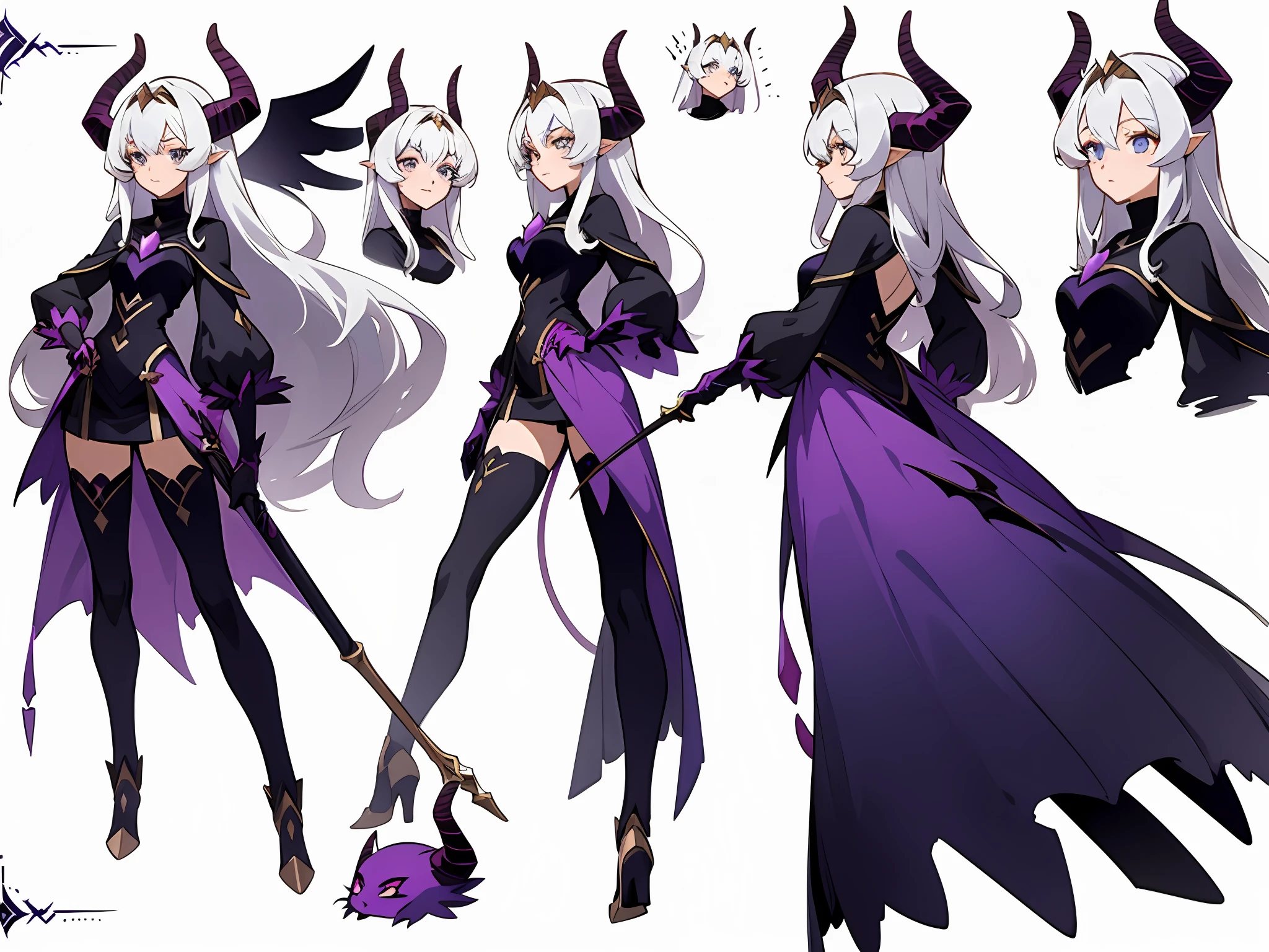 ((masterpiece)),(((best quality))),((character design sheet,same character,front,side,back)),illustration,1 girl,long hair,hair on eyes,beautiful eyes,environment Scene change, pose too, female demon, horns, holding a magic scepter, charturnbetalora, (simple background, white background: 1.3)