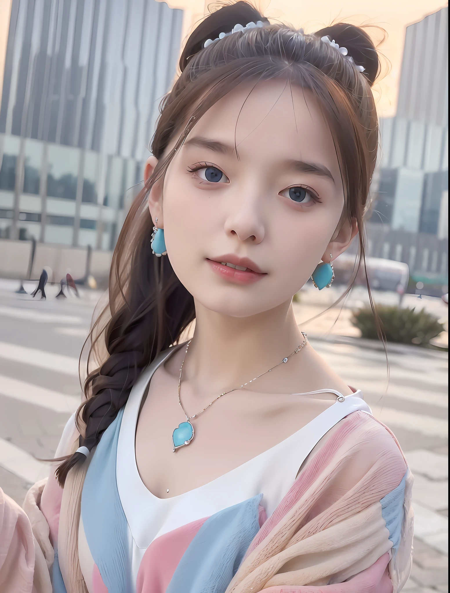 Casual posture, (extremely exquisite and beautiful work), (masterpiece), 1 girl, white dress, high detail, lumbago, twisted ponytail, feminine expression, clear and beautiful eyes, turquoise eyes, exquisite necklaces, exquisite earrings, fairy ears, simple blurred background, extreme detail, beautiful figure, exquisite collarbone, lovely lips, beautiful breasts, soft back, mix4, (8k, RAW photo, best quality, 1.2)), (realism, realism: 1.37 ), 1 girl, cute, cityscape, night, rain, wet, professional lighting, photon mapping, radiosity, physically-based rendering,