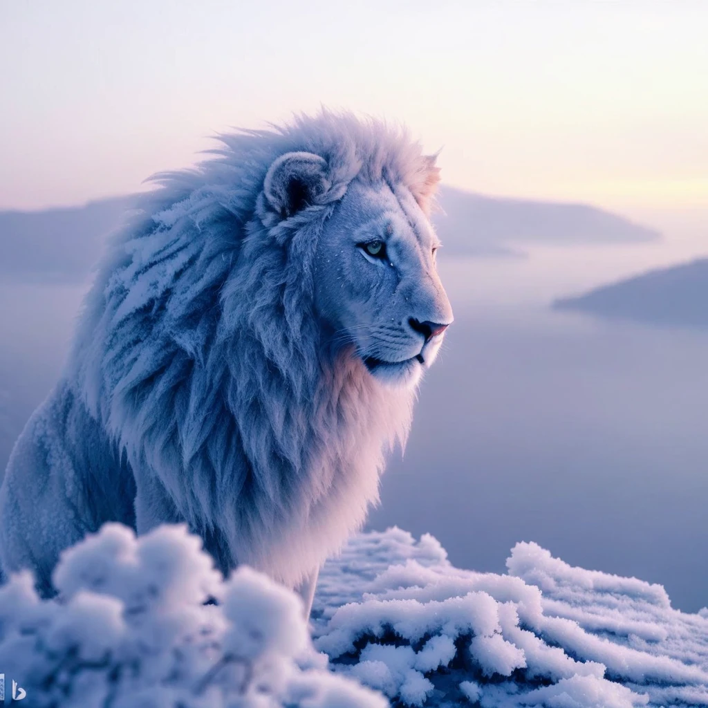 araffe sitting on a snowy hill with a lake in the background, icy, god of winter, aslan the lion, dramatic cinematic detailed fur, frozen cold stare, cold, majestic!!! beautiful!!!, cold but beautiful, made of ice, cold snowy, beautiful wallpaper, beautiful nature, lion, master of ice, with the mane of a lion