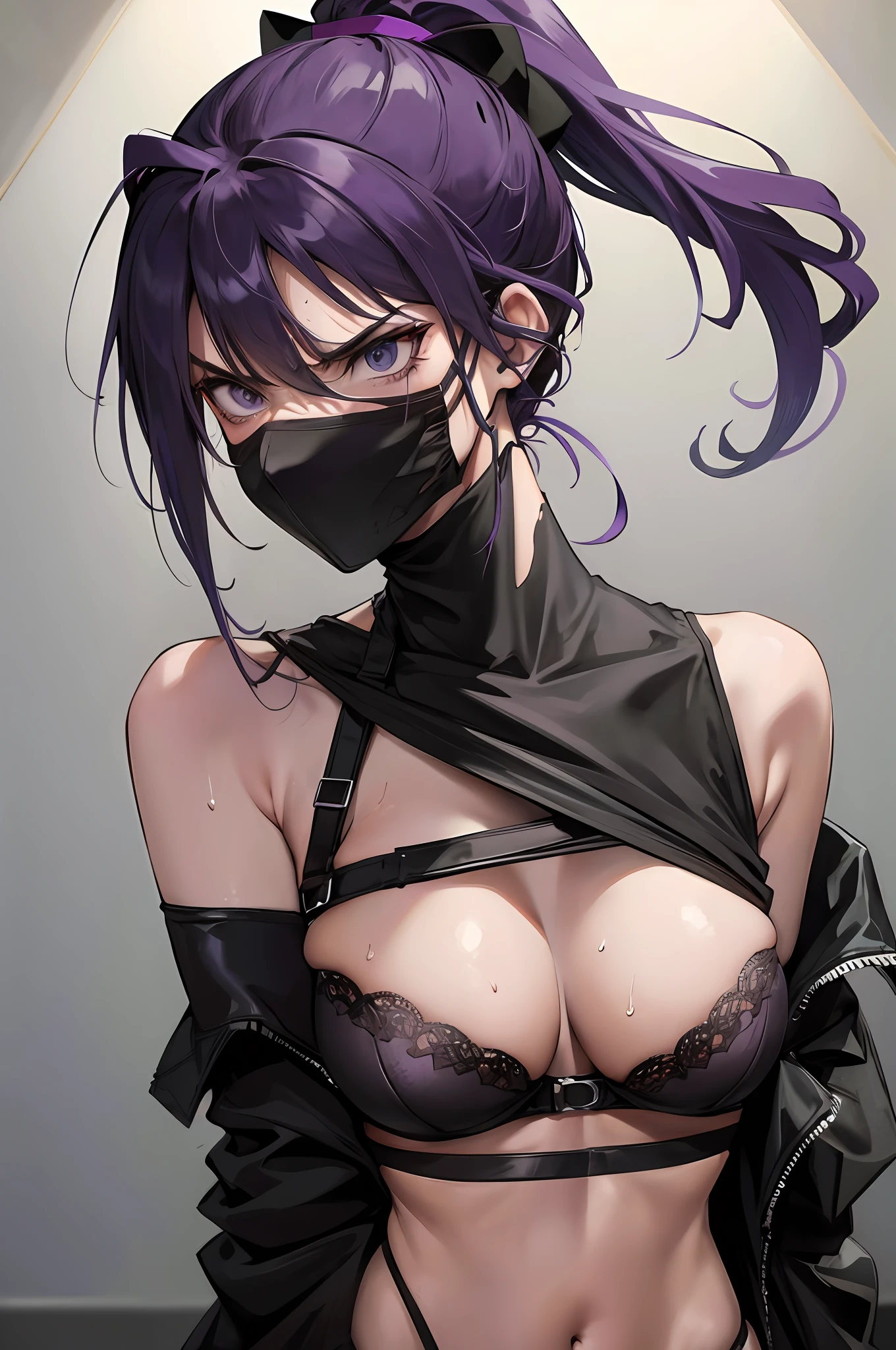 Captive, ninja, ponytail, black mask, big breasts, torn clothes, purple underwear, restraint, angry, rope, sweat all over