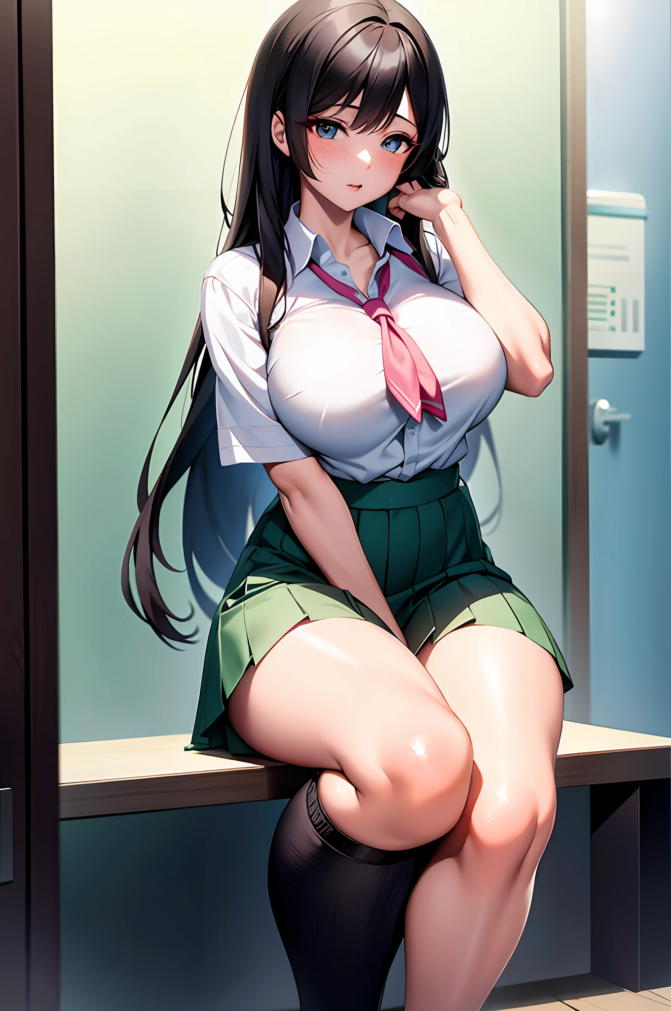 High school girl in white blouse and green checked skirt, long untied black hair, ed eyes, long eyelashes, well styled and fairly large breaste pants showing through skirt, white underwear bare, naughty anime style, beautiful anime school girl, surrealistic school girl, super realistic high school girl, seductive anime girl, realistic high school girl, big breasts naughty anime style, naughty thighs, naughty thighs, smooth anime cg art, a hyperrealistic schoolgirl, hyperrealistic schoolgirl, seductive anime girl, realistic schoolgirl, smooth anime cg art, the anime girl is crouching, beautiful anime high school girl, beautiful alluring anime teen, ecchi anime styleotoreac anime girl render