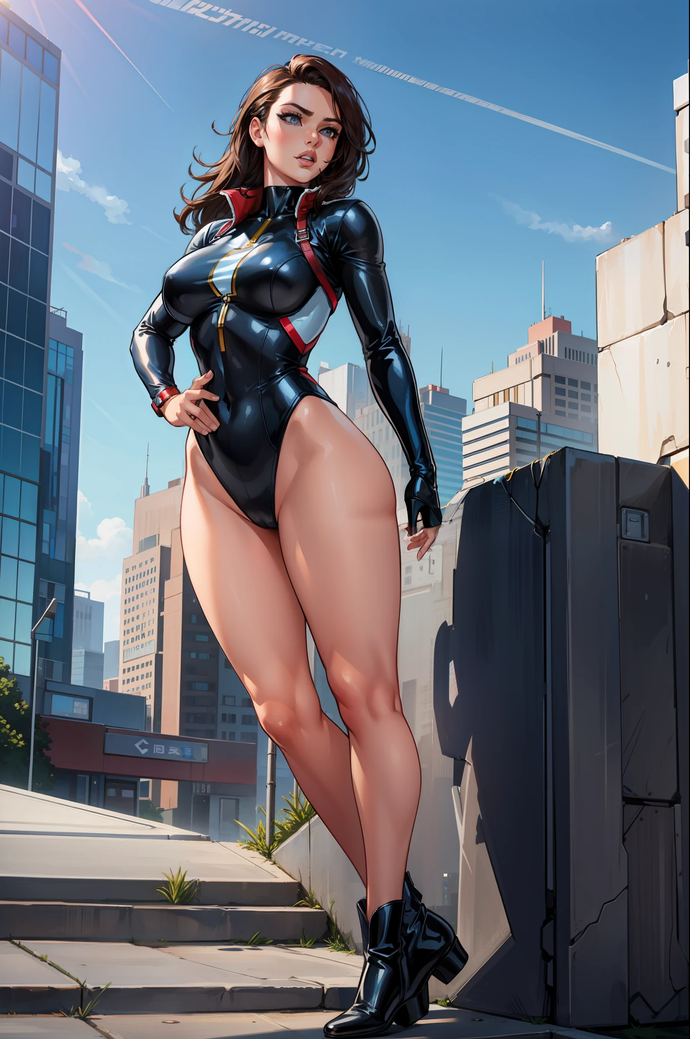 masterpiece, high quality, female reporter superhero in a leotard, boots and bare legs. standing, city backdrop