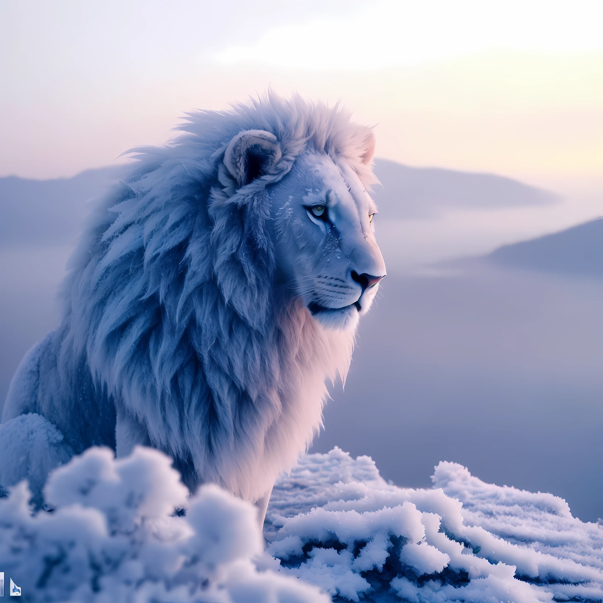 araffe sitting on a snowy hill with a lake in the background, icy, god of winter, aslan the lion, dramatic cinematic detailed fur, frozen cold stare, cold, majestic!!! beautiful!!!, cold but beautiful, e of ice, cold snowy, beautiful wallpaper, beautiful nature, lion, master of ice, with the mane of a lion