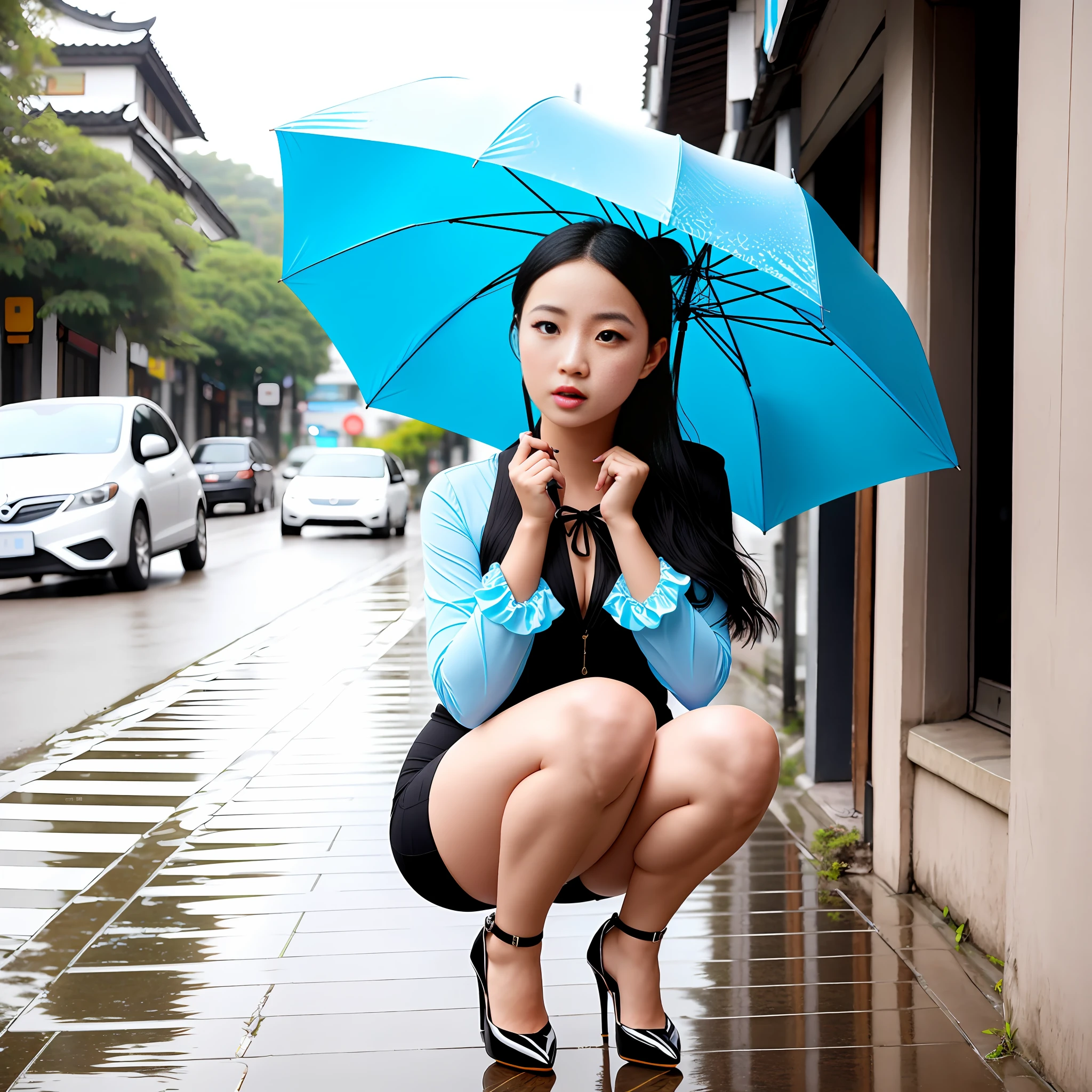 Fashion model photography, light blue top, holding an umbrella and bowing her head (squatting) at the corner of the street, black high heels, side shot, medium shot, Suzhou girl, long hair, hair accessories, pale skin, melancholy expression, fallen leaves, zebra crossing, a small amount vehicles and pedestrians, high texture, natural light