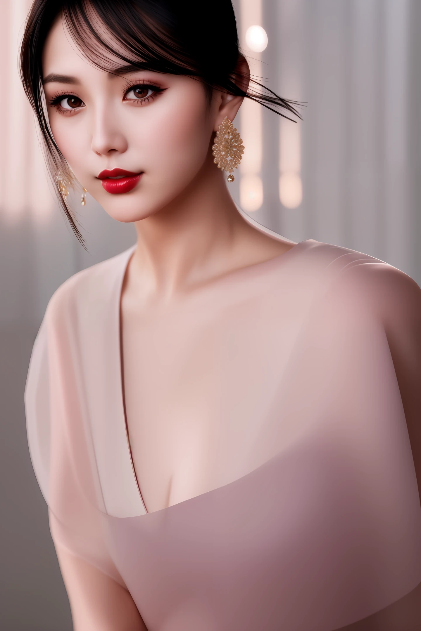 Fashion trendy beautiful and charming woman, gentle and charming Chinese beautiful woman, delicate and sexy clavicle, charming oval face, double eyelids, smart phoenix eyes, pink lips, small upturned nose, bare fragrant shoulders, focused face, close-up of face, super High-definition, super-detailed, full-body shot, ultra-thin and translucent, extremely sexy, soft background light, extremely beautiful, superb, sitting under the light of the long street, focusing on the face, full of shyness, blushing cheeks