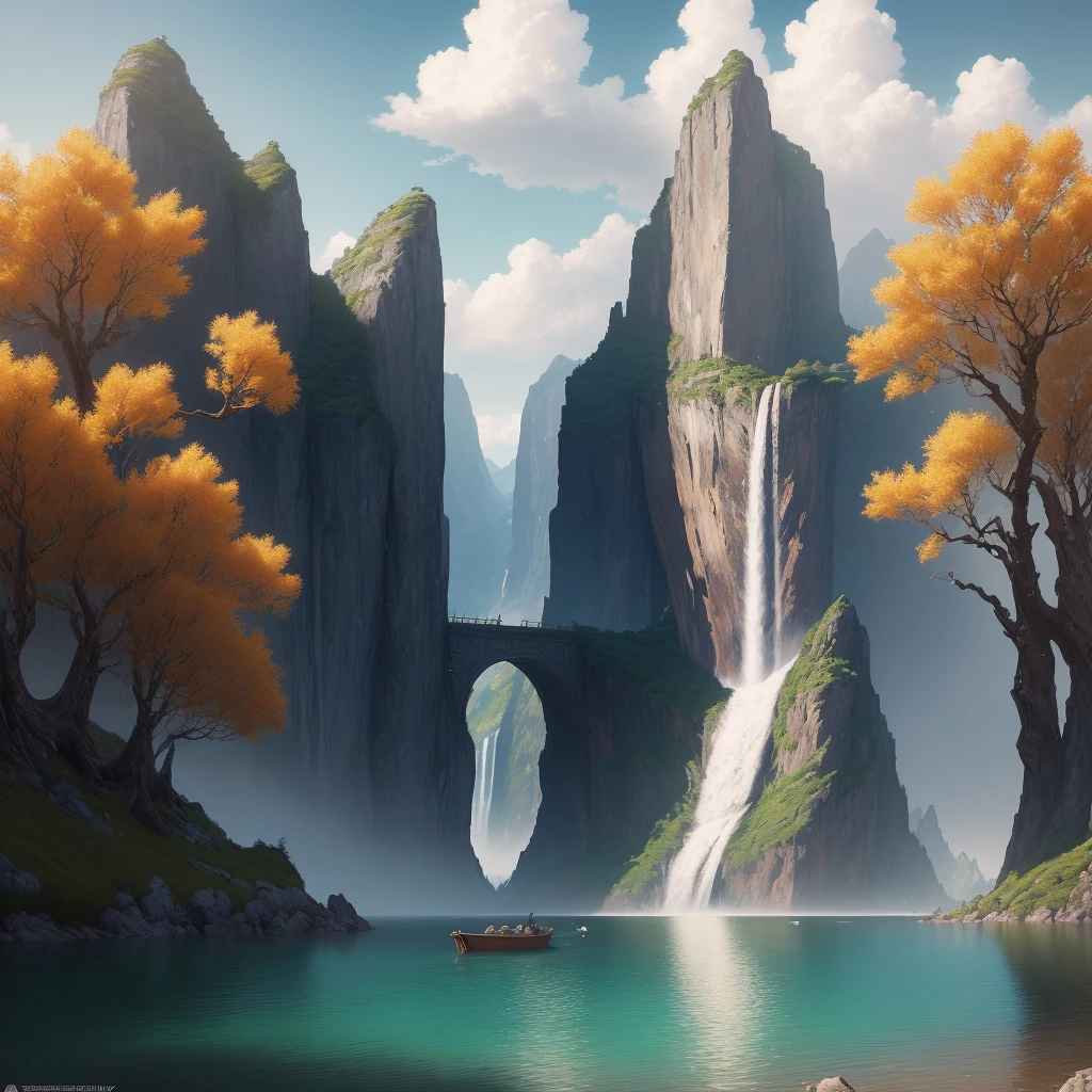 masterpiece, best quality, high quality, extremely detailed CG unity 8k wallpaper, scenery, outdoors, sky, cloud, day, no humans, mountain, landscape, water, tree, blue sky, waterfall, cliff, nature, lake, river, cloudy sky,award winning photography, Bokeh, Depth of Field, HDR, bloom, Chromatic Aberration ,Photorealistic,extremely detailed, trending on artstation, trending on CGsociety, Intricate, High Detail, dramatic, art by midjourney