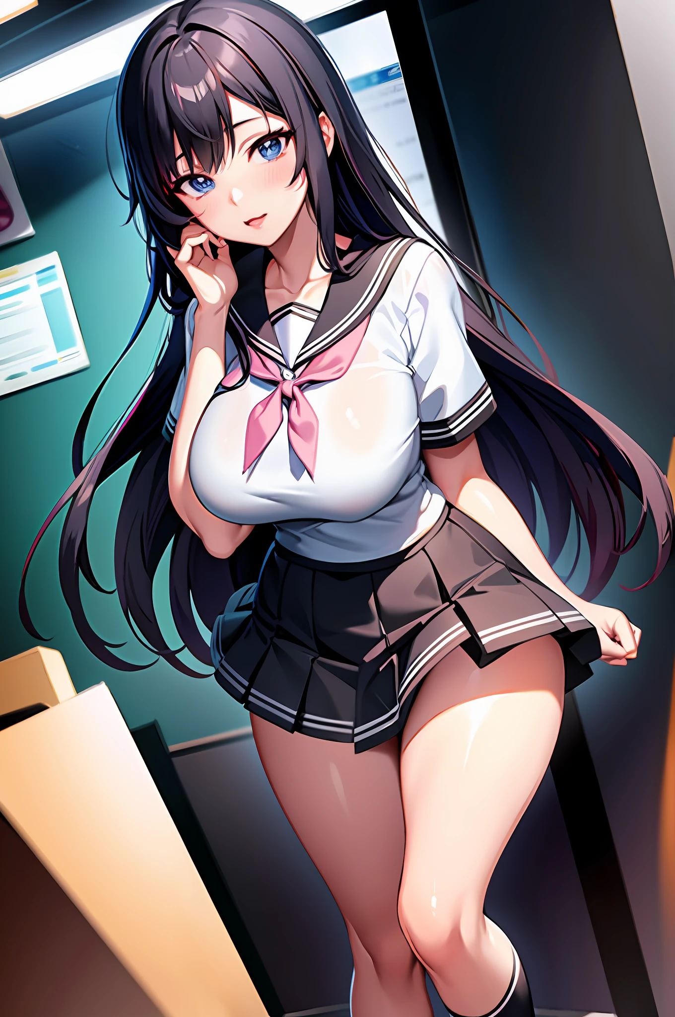 High school girl in white blouse and green checked skirt, untied long black hair, pinched eyes, long eyelashes, well-styled and fairly large breasts, white under shorts showing through skirt, naughty anime style, beautiful anime high school girl, surrealistic high school girl, surrealistic school girl, seductive anime girl, realistic high school girl, emphasized big breasts, naughty anime style, naughty thighs, naughty thighs, smooth anime cg art, surrealistic high school girl, surrealistic high school girl, enchanting anime girl, realistic high school girl, smooth anime cg art, anime girl, beautiful anime high school girl, beautiful anime girl, beautiful charming anime teen, naughty anime style, photorealistic anime girl rendering