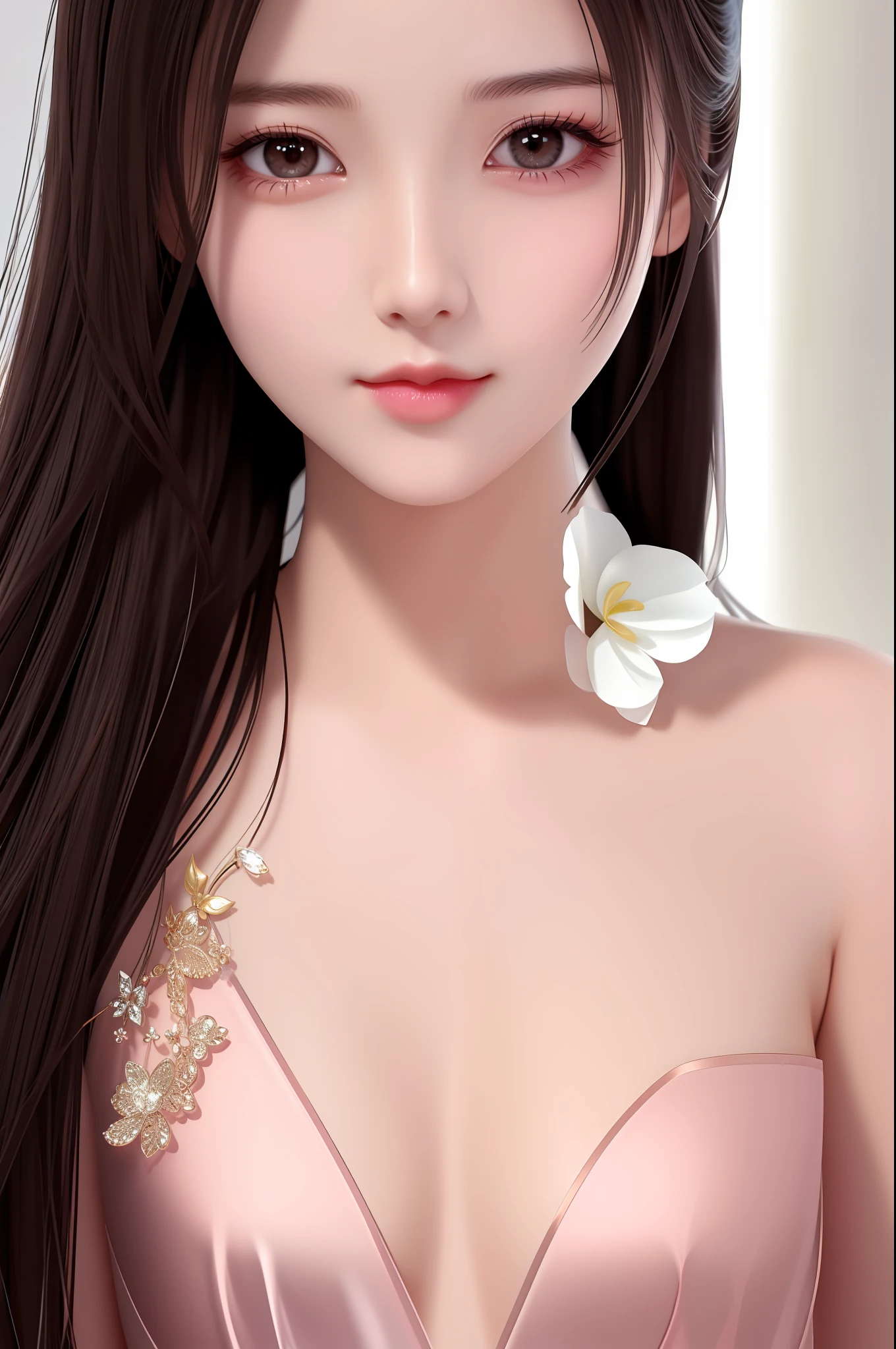 Fashion trendy beautiful and charming woman, gentle and charming Chinese beautiful woman, delicate and sexy collarbone, charming oval face, double eyelids, smart peach blossom eyes, pink lips, small nose, bare shoulders, focus on the face, close-up of the face, Ultra-high definition, ultra-detailed, full-body photo, ultra-thin and light-transmitting, extremely sexy, soft background light, extremely beautiful, superb,