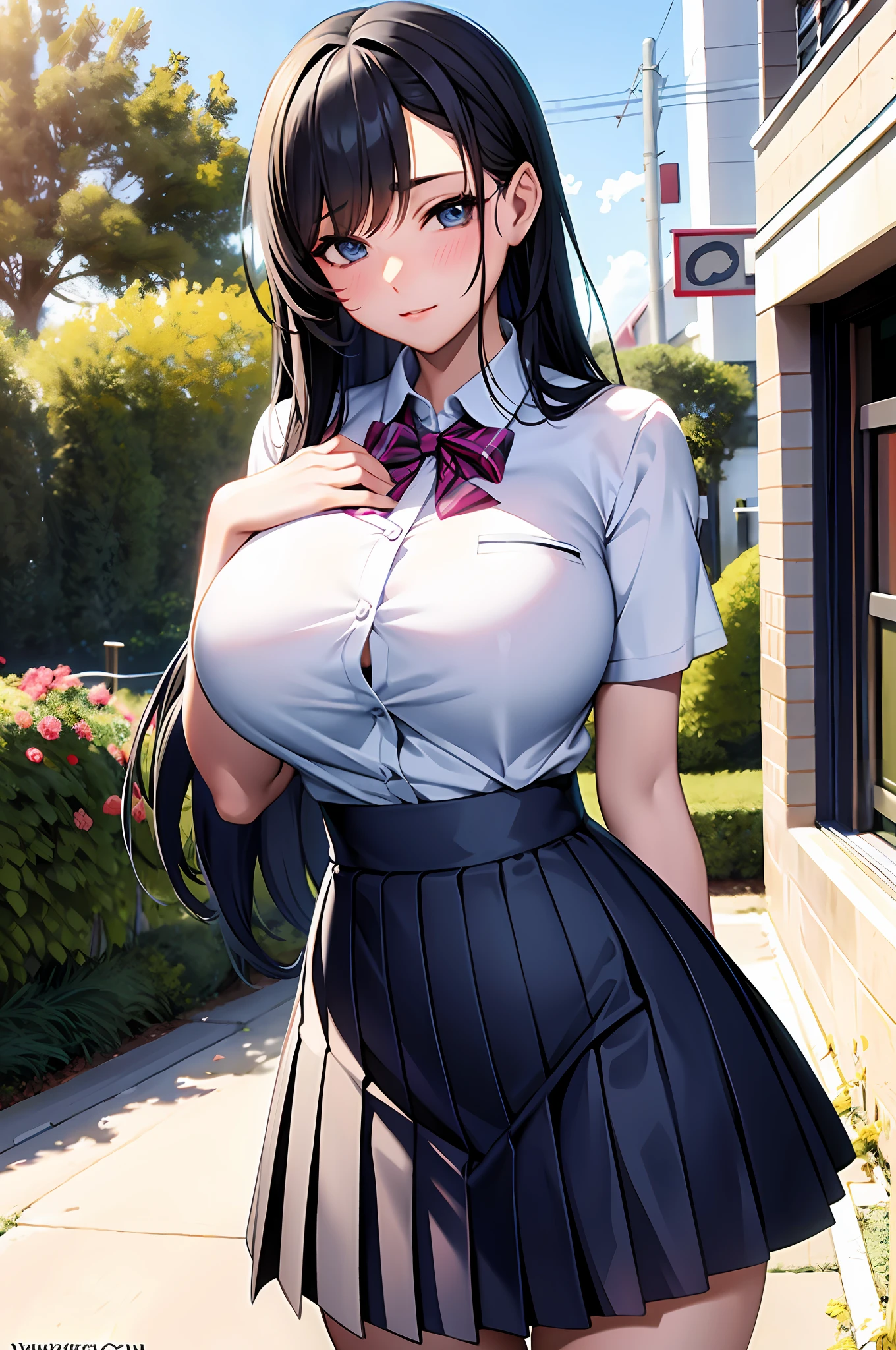 High school girl in white blouse and green checked skirt, long untied black hair, pinched eyes, long eyelashes, well-styled and fairly large breasts, white underwear showing skirt flipped up, pose emphasizing large breasts, naughty large breasts, naughty anime style, beautiful anime high school girl, surreal high school girl student, surrealistic high school girl, enchanting anime girl, realistic high school girl, big breasts emphasized, naughty anime style, naughty thighs, naughty thighs, smooth anime cg art, surrealistic high school girl, super realistic high school girl, enchanting anime girl, realistic high school girl, smooth anime cg art, anime girls, beautiful anime high school girls, beautiful anime girls, beautiful attractive anime teen, naughty anime style, photorealistic anime girls rendering