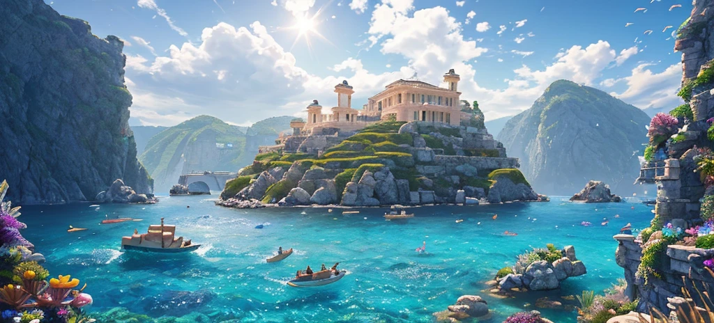 (under the ocean), ancient greek palace on a hill, mermaids swimming around, decorated with coral and gold, masterpiece, best quality, high quality, extremely detailed CG unity 8k wallpaper, oil painting, award winning photography, bokeh, depth of field , HDR, bloom, chromatic aberration, photorealism, very detailed, trending on artstation, trending on CGsociety, intricate, high detail, dramatic, midjourney art, volumetric lighting