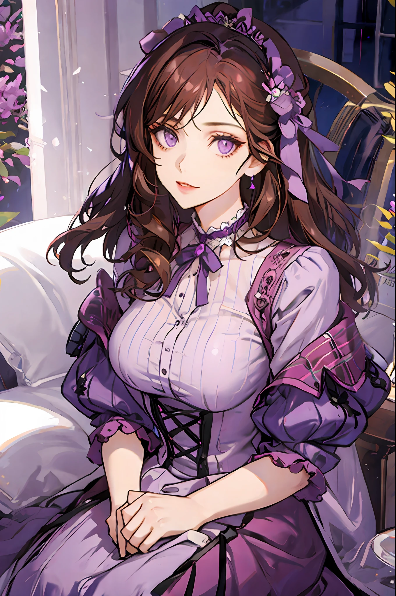 Woman with brown hair, violet eyes, violet dress, Victorian dress, royalty, nobility