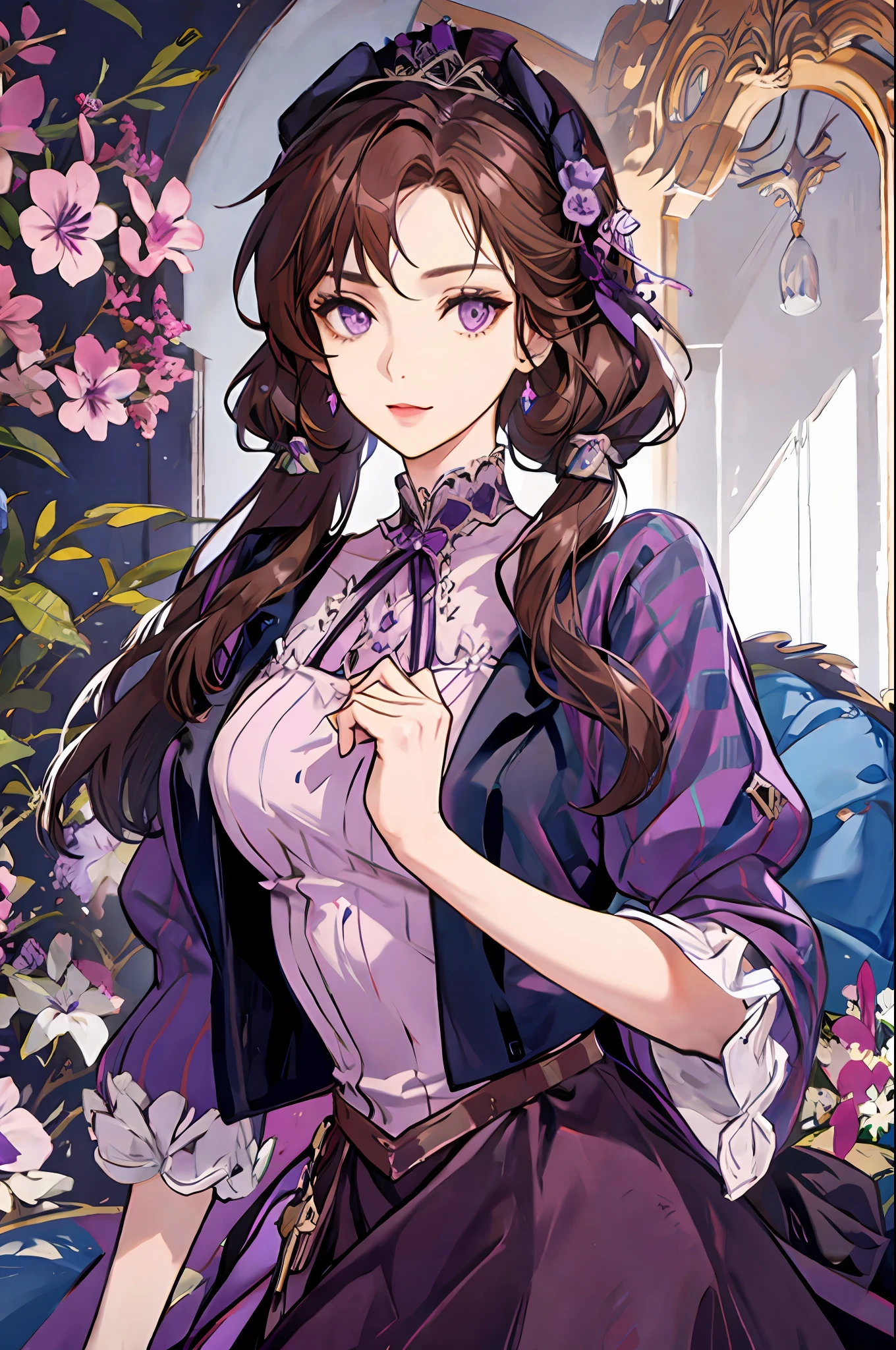 Woman with brown hair, violet eyes, violet dress, Victorian dress, royalty, nobility