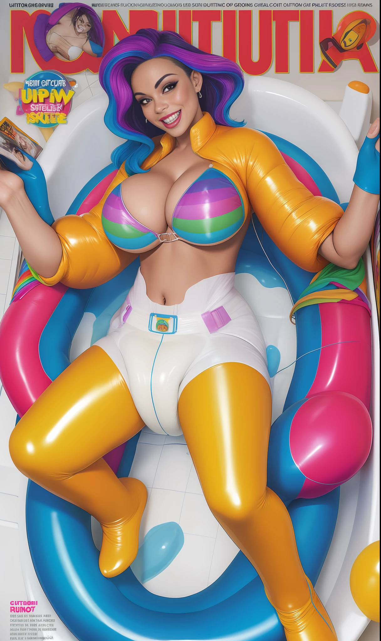 high quality, sexy busty latina model in a big diaper, latex catsuit, magazine cover, rainbow hair, leather top, inflatables, smiling, bathtub, hot water