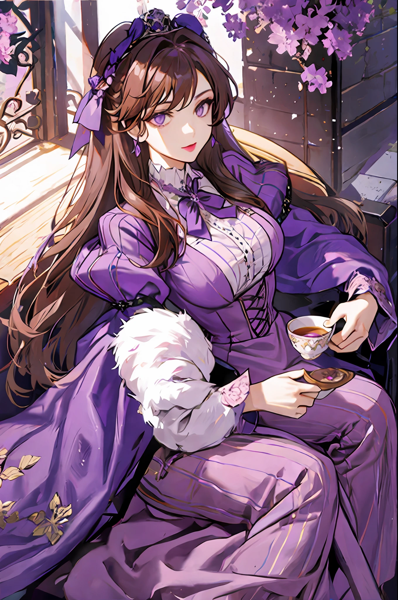 Woman with brown hair, violet eyes, violet dress, Victorian dress, royalty, nobility, having tea with women