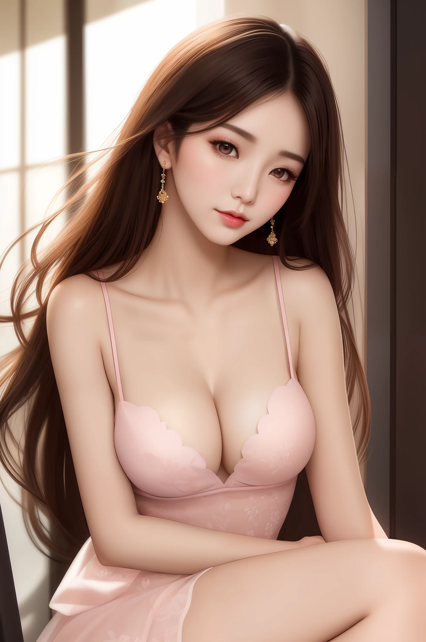 Fashion trendy beautiful and charming woman, gentle and charming Chinese beautiful woman, delicate and sexy clavicle, charming oval face, double eyelids, smart phoenix eyes, pink lips, small upturned nose, bare fragrant shoulders, focused face, close-up of face, super High-definition, super-detailed, full-body shot, ultra-thin translucent, extremely sexy, soft background light, extremely beautiful, big breasts, superb, sitting under the light of the long street, focusing on the face, full of shyness, blushing cheeks,