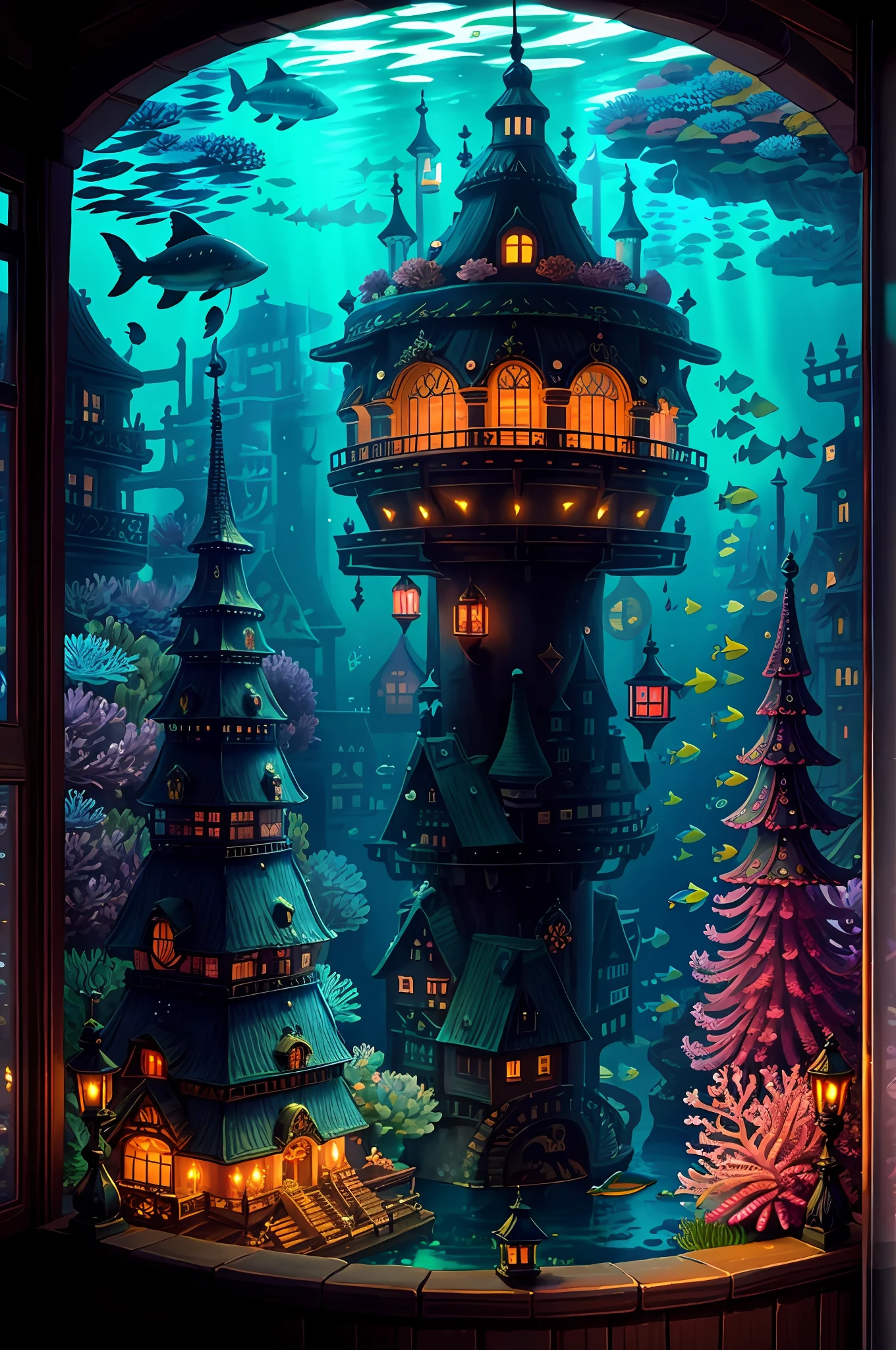 A living underwater city, illuminated by bioluminescent corals and aquatic plants, where fish of all kinds swim gracefully around. In the city center there is a huge, ornate shell throne adorned with pearls and shell jewellery, surrounded by colorful fish, carriages drawn by dolphins carrying dignitaries to the palace, giant sharks