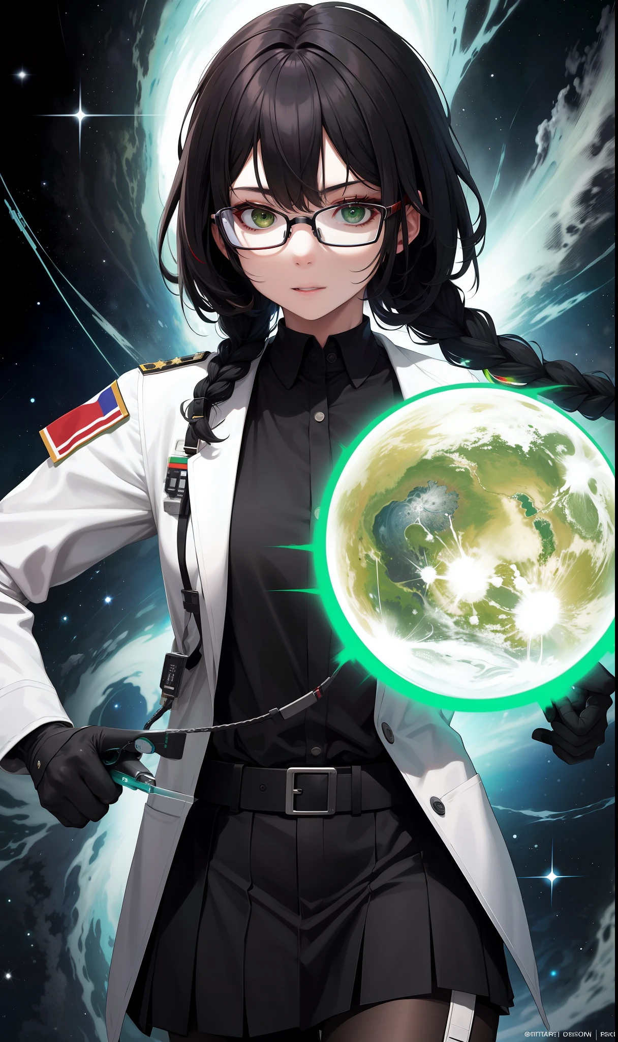 (max resolution, different_image), best quality, masterpiece, high detail, semi-realistic, max face resolution, adult, woman, small, black hair, double braid hairstyle, bangs, eyes. green,red glasses,in bureaucracy,uniform,white coat,dark face,space carrier,future,science fiction,space fighter,space,space war