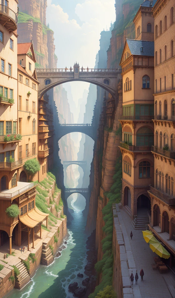 ((masterpiece)),((best quality)),((high detial)),((realistic,)) Industrial age city, deep canyons in the middle, architectural streets, bazaars, Bridges, rainy days, steampunk, European architecture
