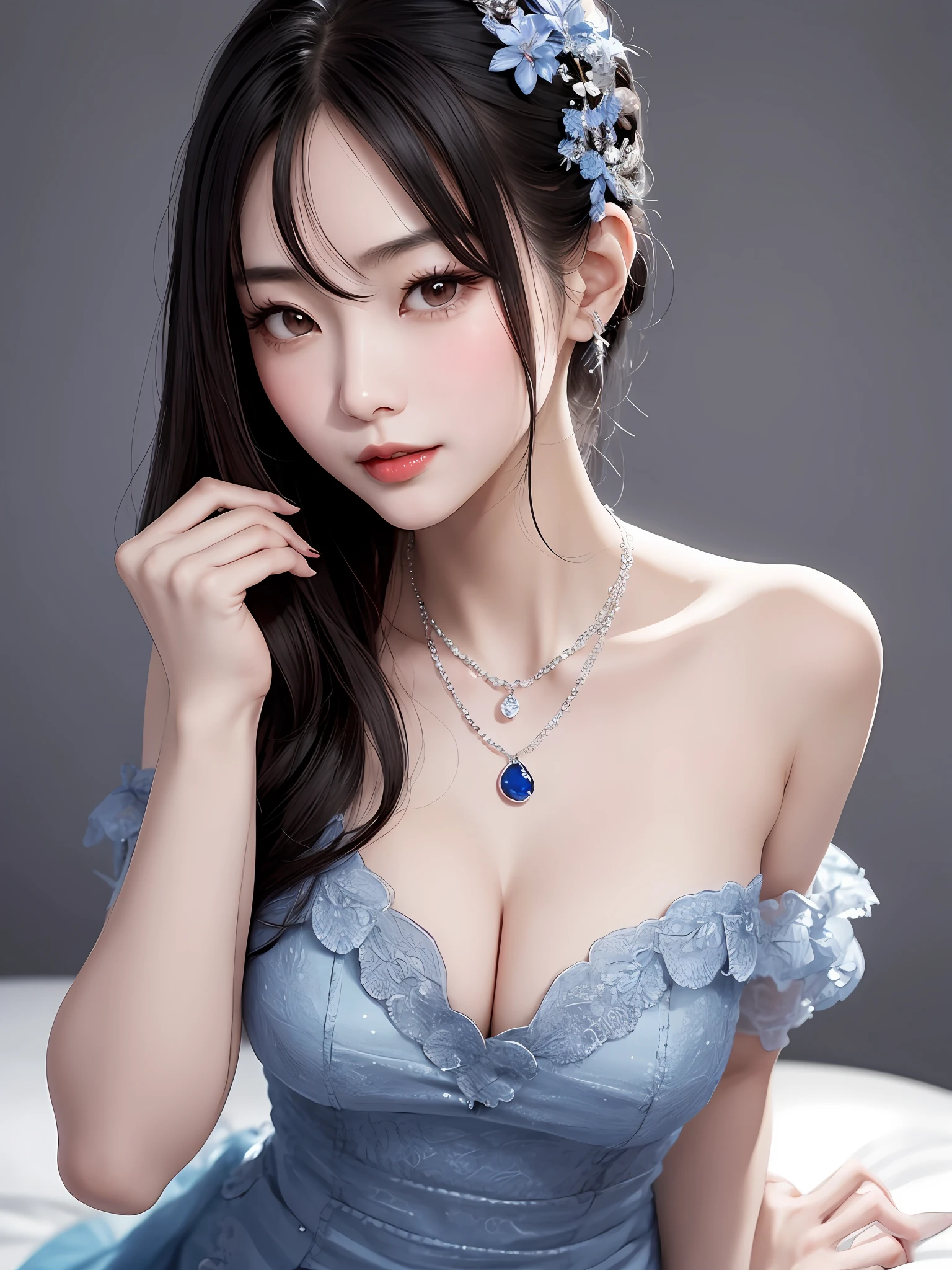A sexy and charming Chinese woman, with delicate and sexy clavicle, charming melon-seeded face, Liu Yifei, double eyelids, smart phoenix eyes, pink lips, small nose, sexy breasts, deep cleavage, ultra-low heart, bare shoulders, focusing on the face , face close-up, ultra-high-definition, super-detailed, full-body shot, shy face, blushing cheeks, sapphire necklace, ultra-thin translucent, sideways,