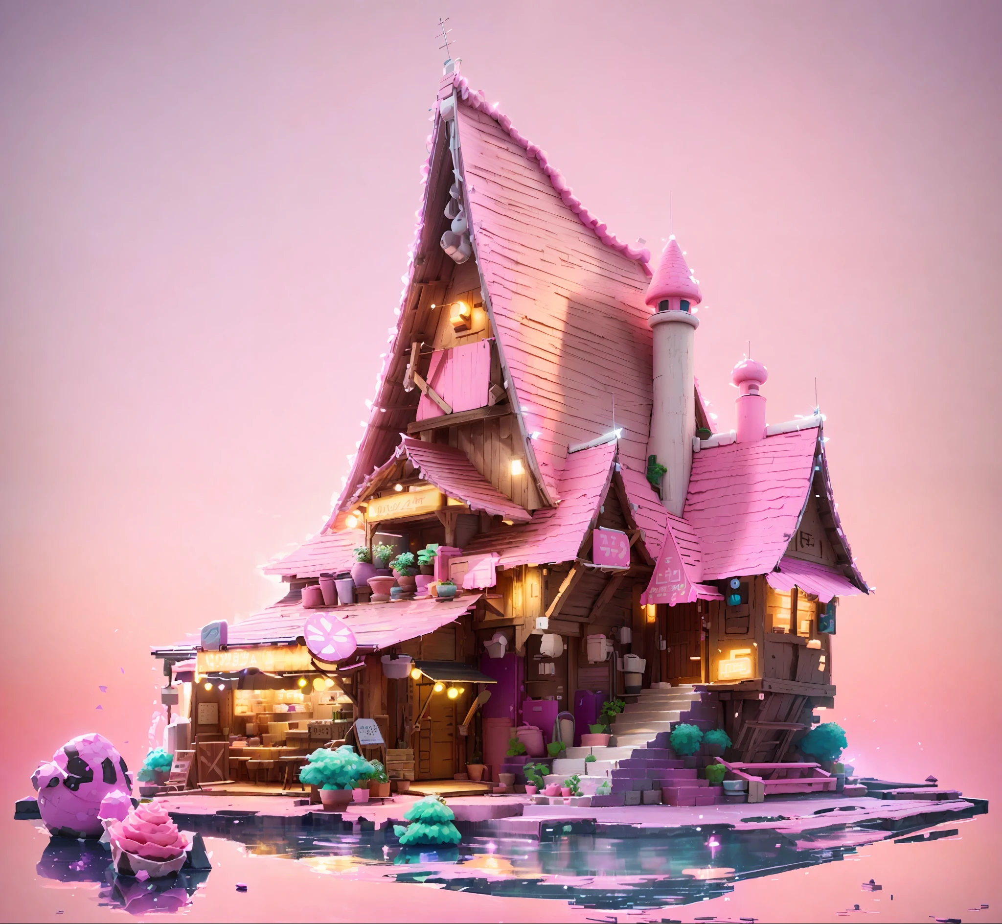 The roof is pink, dessert hut, cake sign, 3D rendering, very high definition, high detail, 8k, cinematic lighting, super high resolution, game asset masterpiece, best quality, toon, pixar style, simple design, mini sense, animal crossing,1building,3d,clean,Eggplant and Coral,