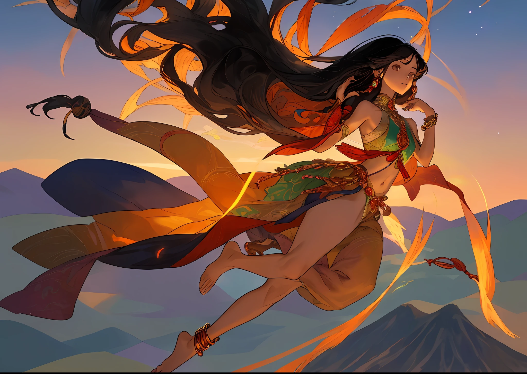 A beauty hands up and floating to the sky, the distance tall mountains, colorful glow, sky fire and meteor rain, people on the ground are running away, Dunhuang flying fresco inspiration, gorgeous clothing embroidered with complex embroidery, flowing gauze, arms tied with transparent long and colorful ribbons, revealing her navel, shoulder, neck, thick black straight hair, arm ring, Gem Ring, bracelet, anklet, metal chain tassel around waist, ink, masterpiece, recent quality, HD detail, 32K