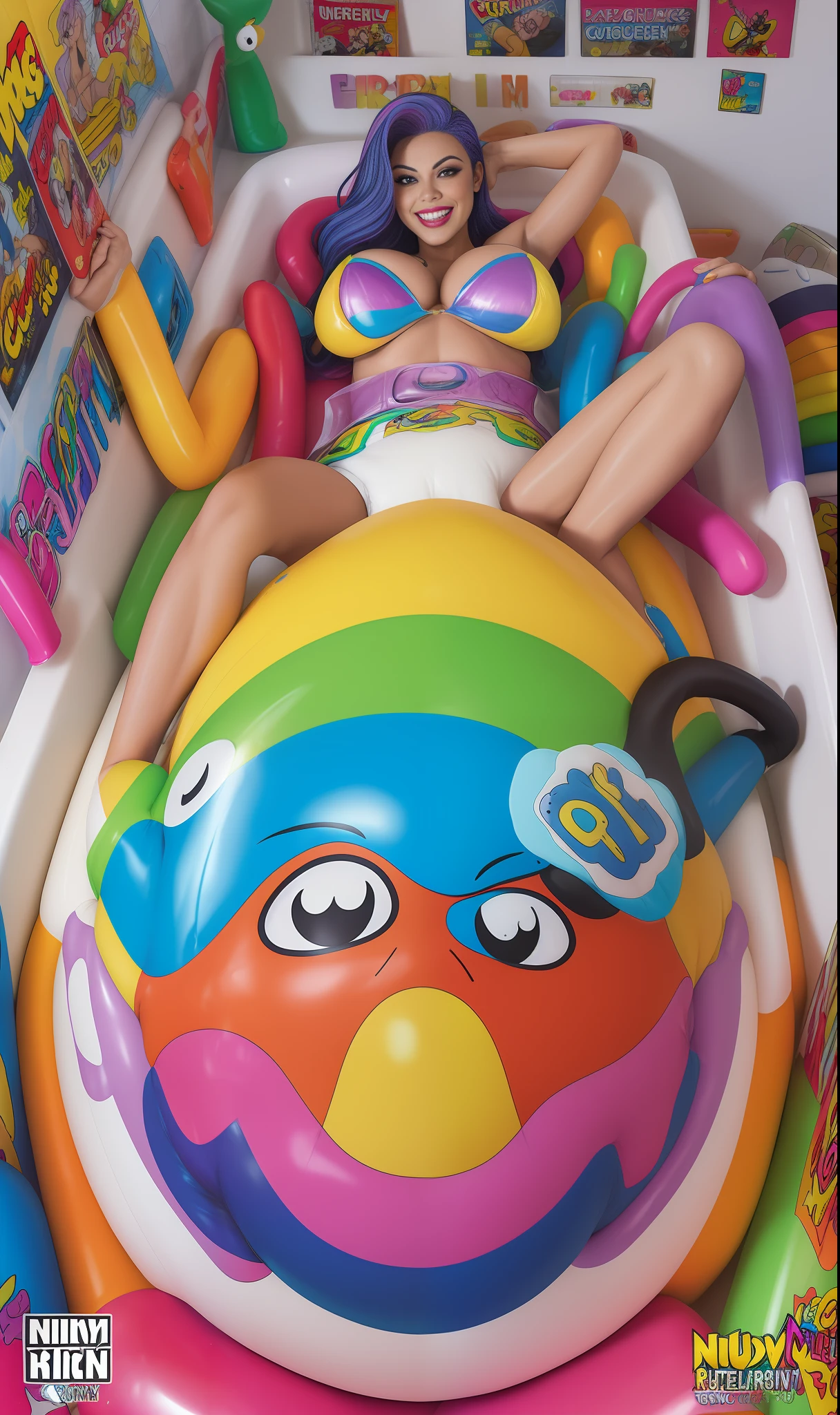 high quality, sexy busty latina model in a big diaper, latex catsuit, comic book cover, rainbow hair, leather top, inflatables, smiling, bathtub, hot water,