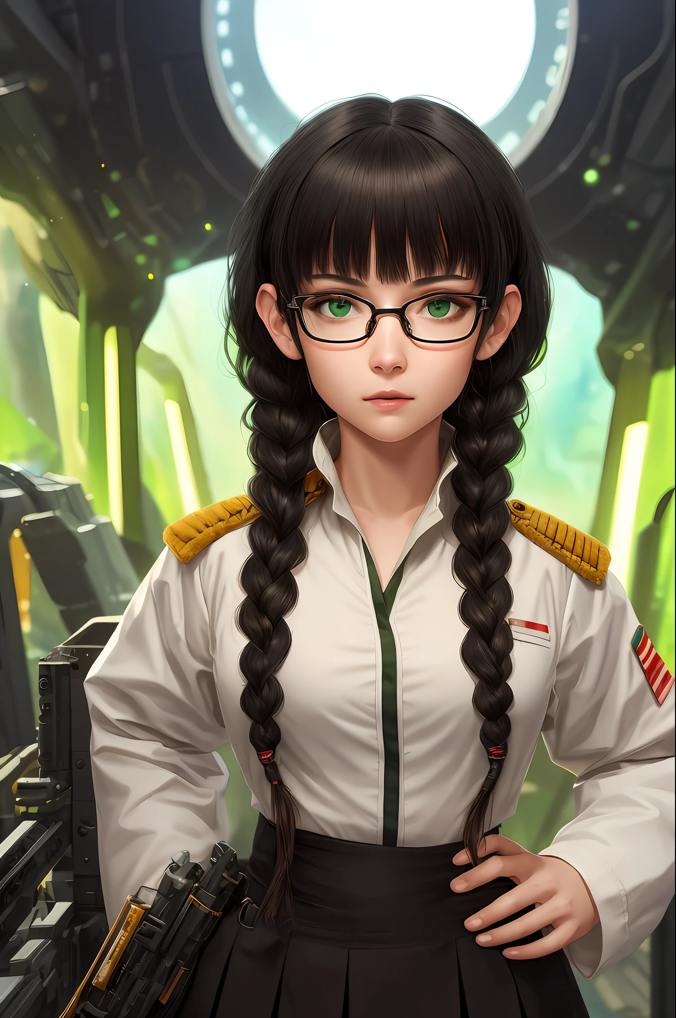 (maximum resolution), best quality, masterpiece, high detail, semi-realistic, max face resolution, adult, woman, petite, black hair, double braids, bangs, green eyes. ,Red glasses,military uniform,long skirt,white coat,dark expression,serious expression,future,science fiction,space,abyss world