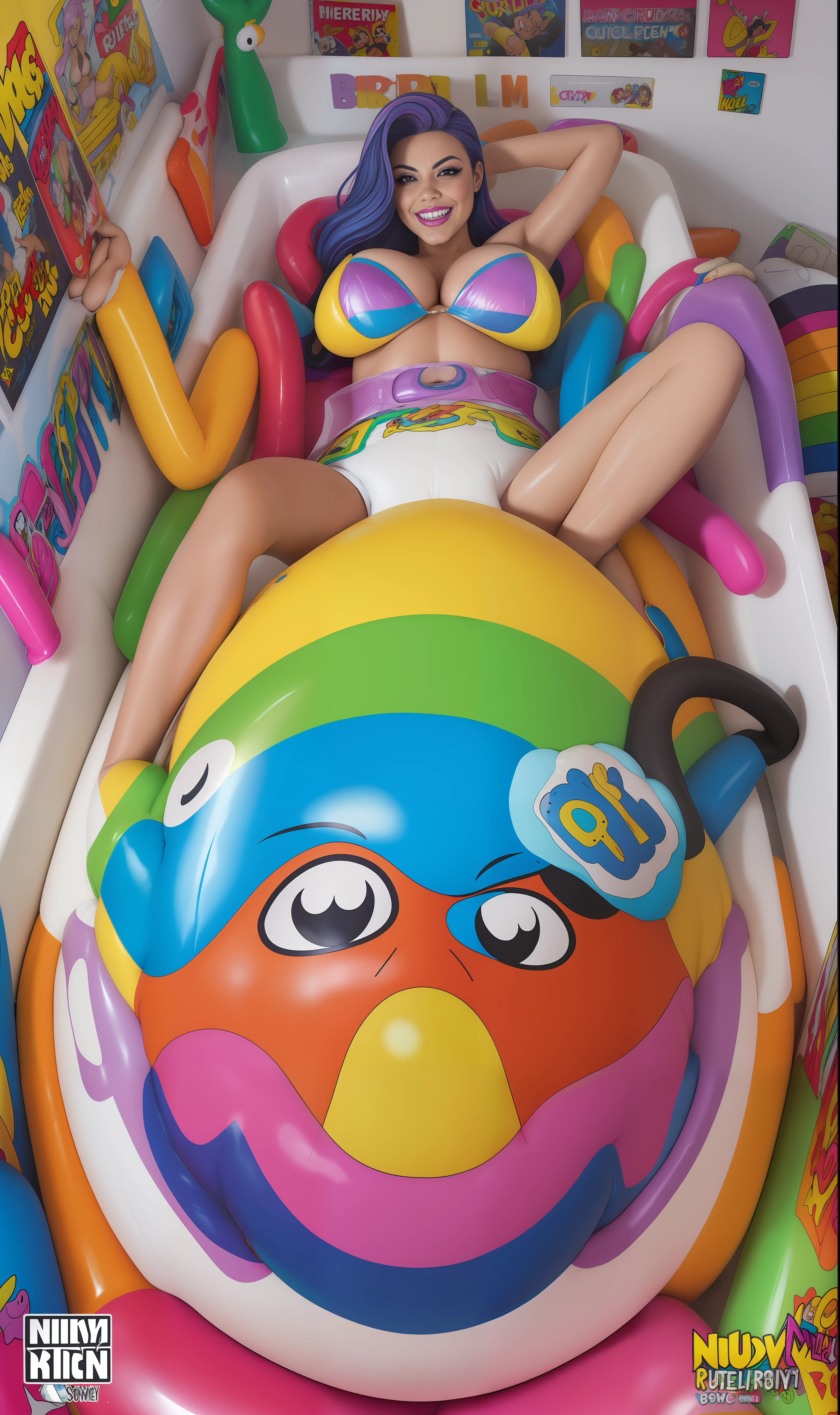 high quality, sexy busty latina model in a big diaper, latex catsuit, comic book cover, rainbow hair, leather top, inflatables, smiling, bathtub, hot water,