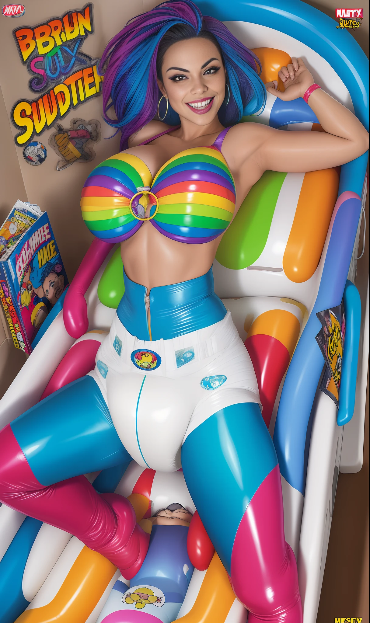 high quality, sexy busty latina model in a big diaper, latex catsuit, comic book cover, rainbow hair, leather top, inflatables, smiling, bathtub, hot water,