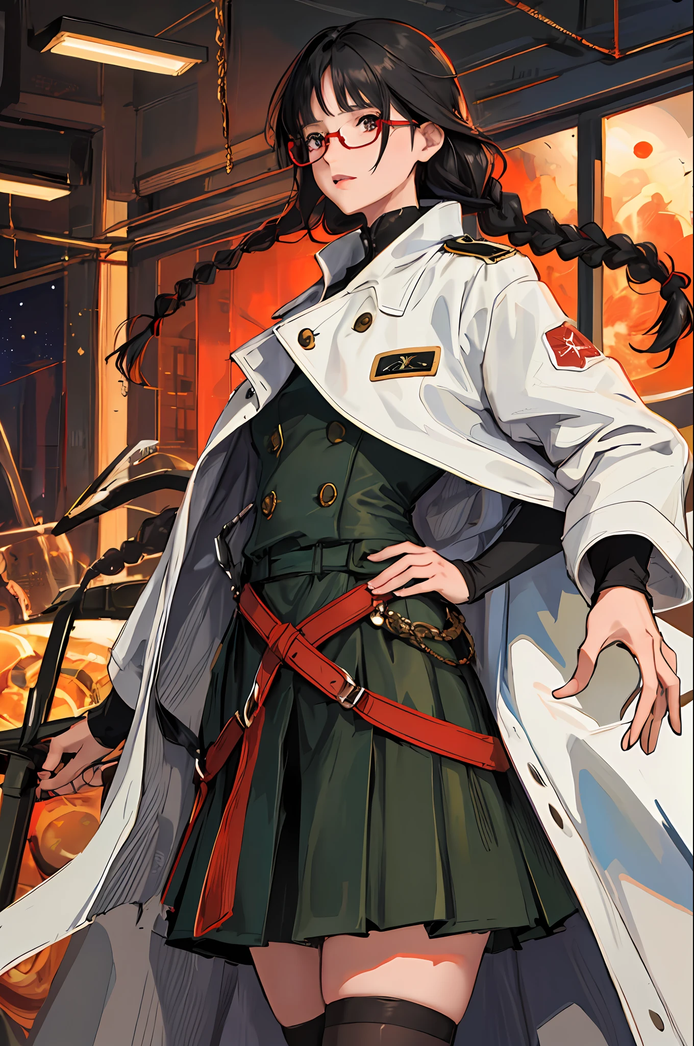 (max resolution, different_image), best quality, masterpiece, high detail, semi-realistic, max face resolution, adult, woman, small, black hair, double braid hairstyle, bangs, eyes. dark green, red glasses, military uniform, long skirt, white coat, dark face, future, science fiction, space, celestial world