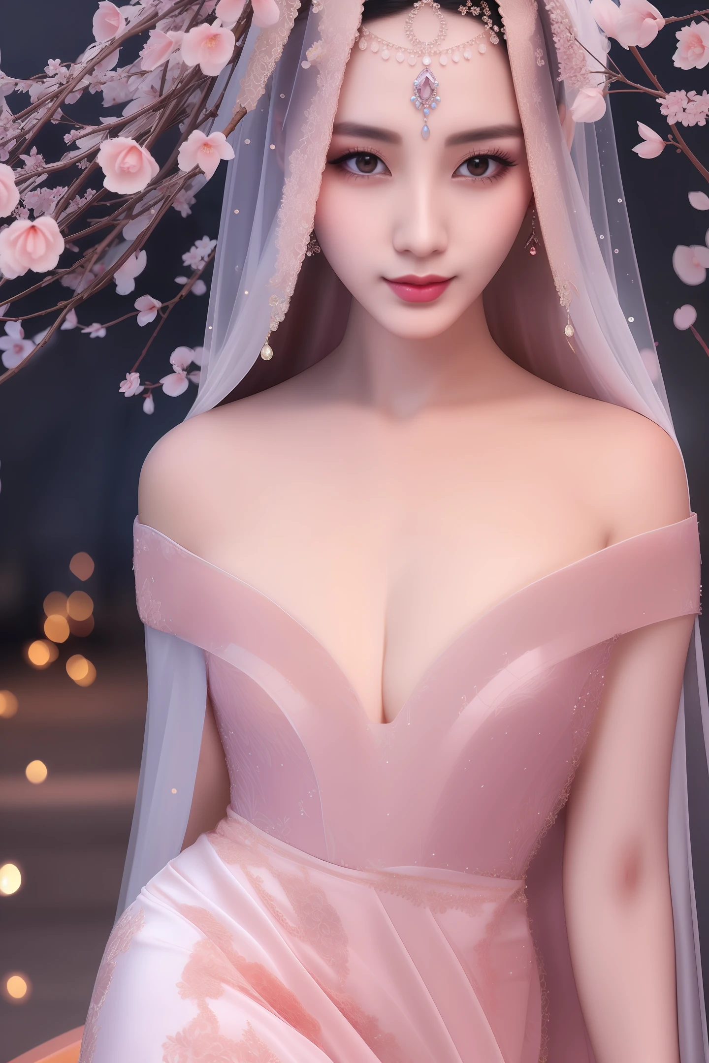 Chinese ultra-complex and exquisite classical long dress, gentle and charming Chinese beautiful woman, exquisite and sexy collarbone, charming oval face, double eyelids, smart peach blossom eyes, pink lips, small nose, bare shoulders, focus on the face, close-up of the face , ultra-high-definition, super-detailed, full-body shots, ultra-thin light transmission, extreme fantasy, soft background light,