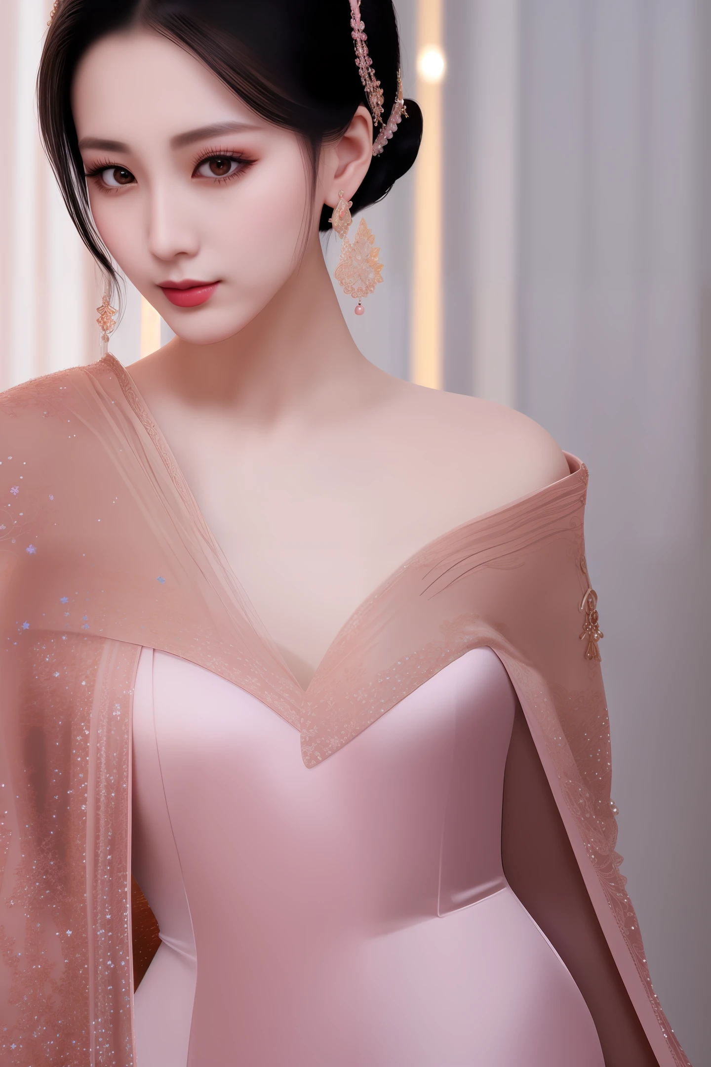 Chinese ultra-complex and exquisite classical long dress, gentle and charming Chinese beautiful woman, exquisite and sexy collarbone, charming oval face, double eyelids, smart peach blossom eyes, pink lips, small nose, bare shoulders, focus on the face, close-up of the face , ultra-high-definition, super-detailed, full-body shots, ultra-thin light transmission, extreme fantasy, soft background light,