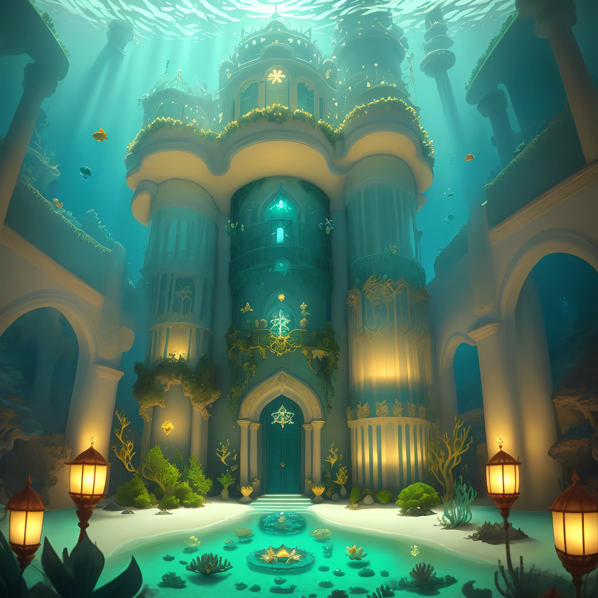 Exquisite underwater palace, fairy picture quality, vivid bottom color: emerald green water plants, dense coral, golden sandy beach, transparent seabed, delicate light and shadow, dreamy underwater castle with huge glass round window, lighthouse shining pointed seat, golden blue glass flake petals , starfish, shells, jewelry, and the glamorous goddess hanging goldfish skirts are resident in the palace.