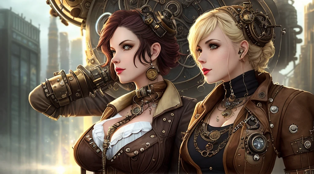Close-up of a group of people in steampunk costumes, sci-fi steampunk, steampunk and cyberpunk, steampunk fantasy style, colorful sci-fi steampunk, steampunk metropolis, steampunk pinup girl, dieselpunk art style, steampunk Steam punk with the theme of punk images! fiction, steampunk fantasy, steampunk cyberpunk, dieselpunk look, dieselpunk vibe, steampunk concept art, steampunk beautiful goddess. sexy woman. Exposure.
