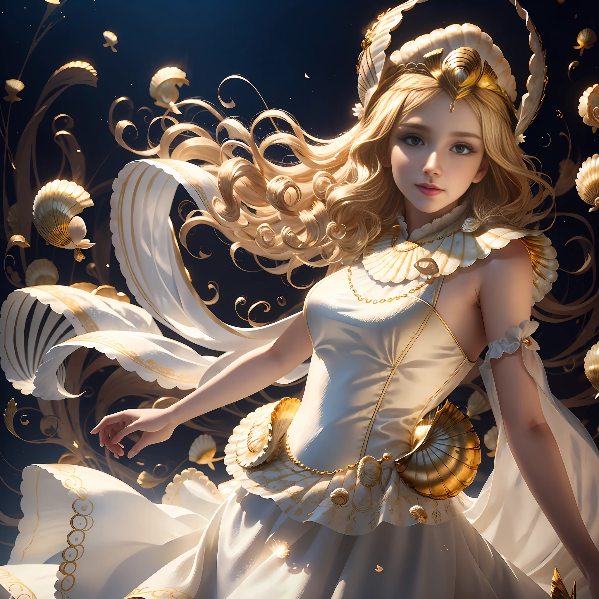 masterpiece, highest quality, solo focus, (perfect face:1.1) , (high detail:1.1), (dramatic, 1.5), 1 beautiful female:1.3, (30yo:1.3), (blonde curled hair:1.2), (gold jewelry), (scallop shell headdress:1.3) (alluring looks:.3), (dresses in simple white gown), (limned in bright light), hyper detailed, digital art, studio quality, smooth render, unreal engine 5 render, octane render, 8K, particle effects,