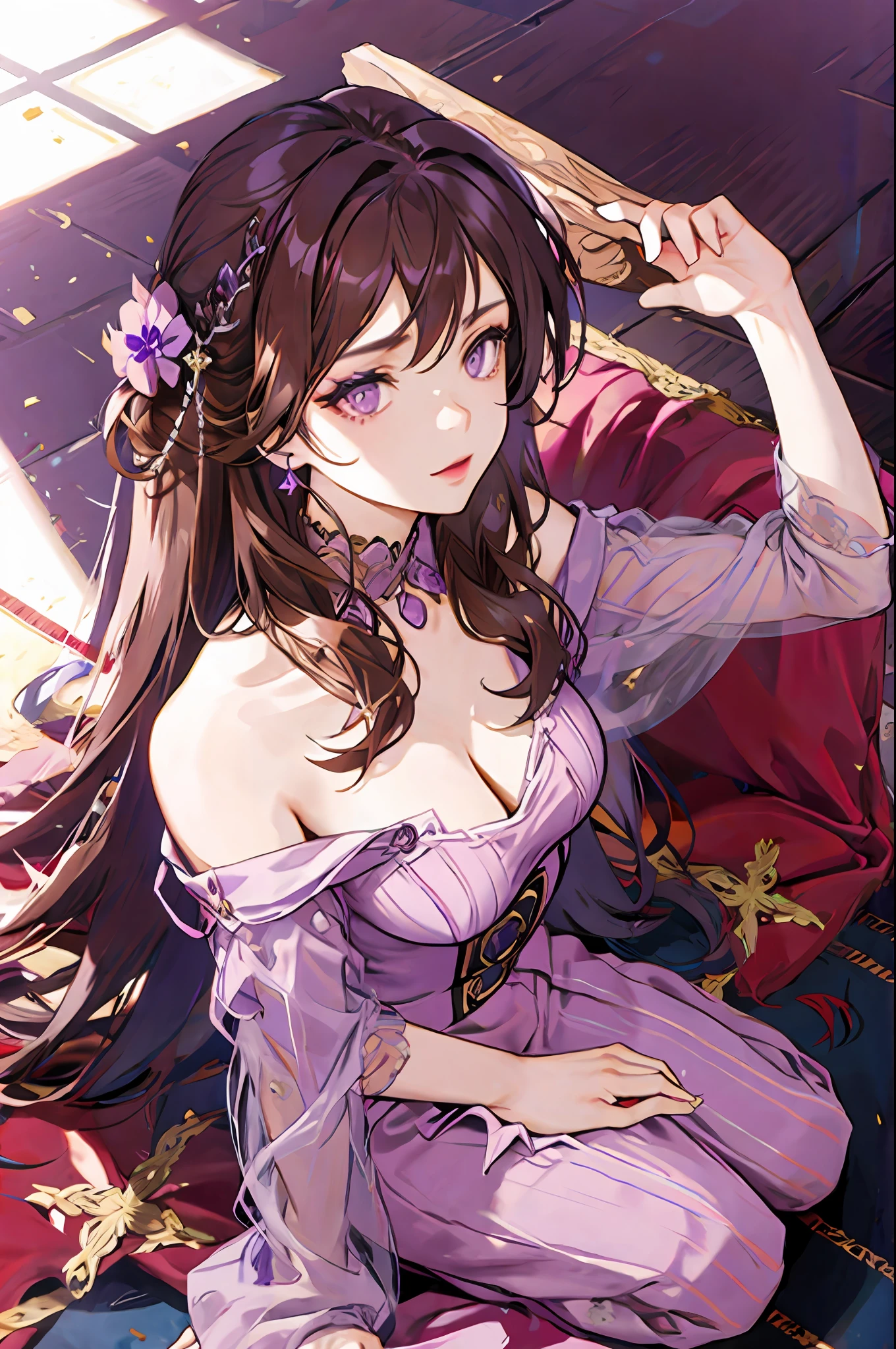 Woman with brown hair, violet eyes, violet dress, royalty, nobility, bad, on the floor
