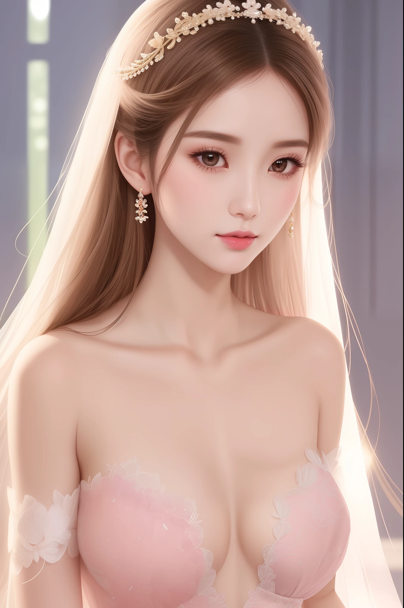 Ultra-complex and exquisite classical long dress, gentle and beautiful Korean woman, exquisite and sexy collarbone, charming oval face, double eyelids, smart peach blossom eyes, pink lips, small nose, bare fragrant shoulders, focused face, close-up of the face, Ultra-high-definition, super-detailed, full-body shots, ultra-thin light transmission, extreme fantasy, soft background light,