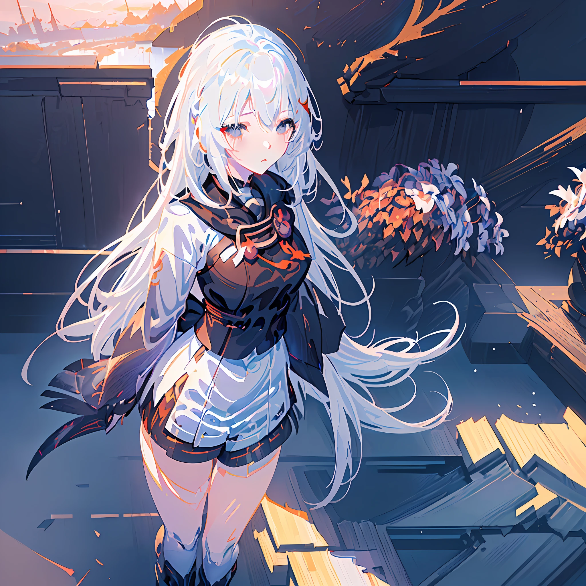 (((close-up))),((guweiz on pixiv artstation)),,((anime illustration:1.2)|(digital art:1.1)),,(girl with white hair),((pixiv:1.2)),(standup),(((in flowers)), white shirt, black eyes, face details etched, randomness, Expressionless, tie, shorts, brilliant colors,((4k. 1.1)|(8k:1.2)),