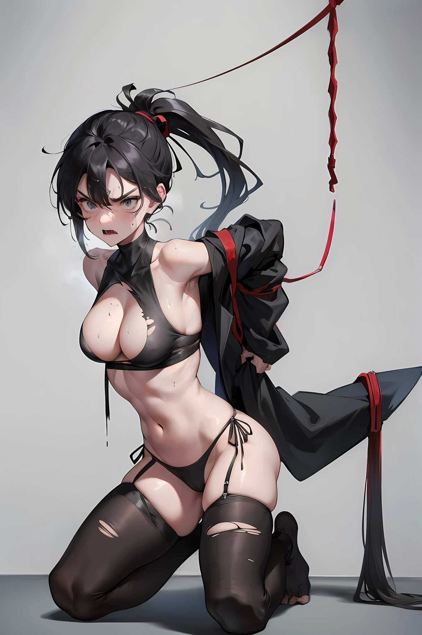 Prisoner of war, ninja, ponytail, black mask, medium breasts, torn clothes, tied up, restrained, angry, slanted eyes, rope, full body sweat, a lot of milk on the cleavage, watery eyes, embarrassment is hanging