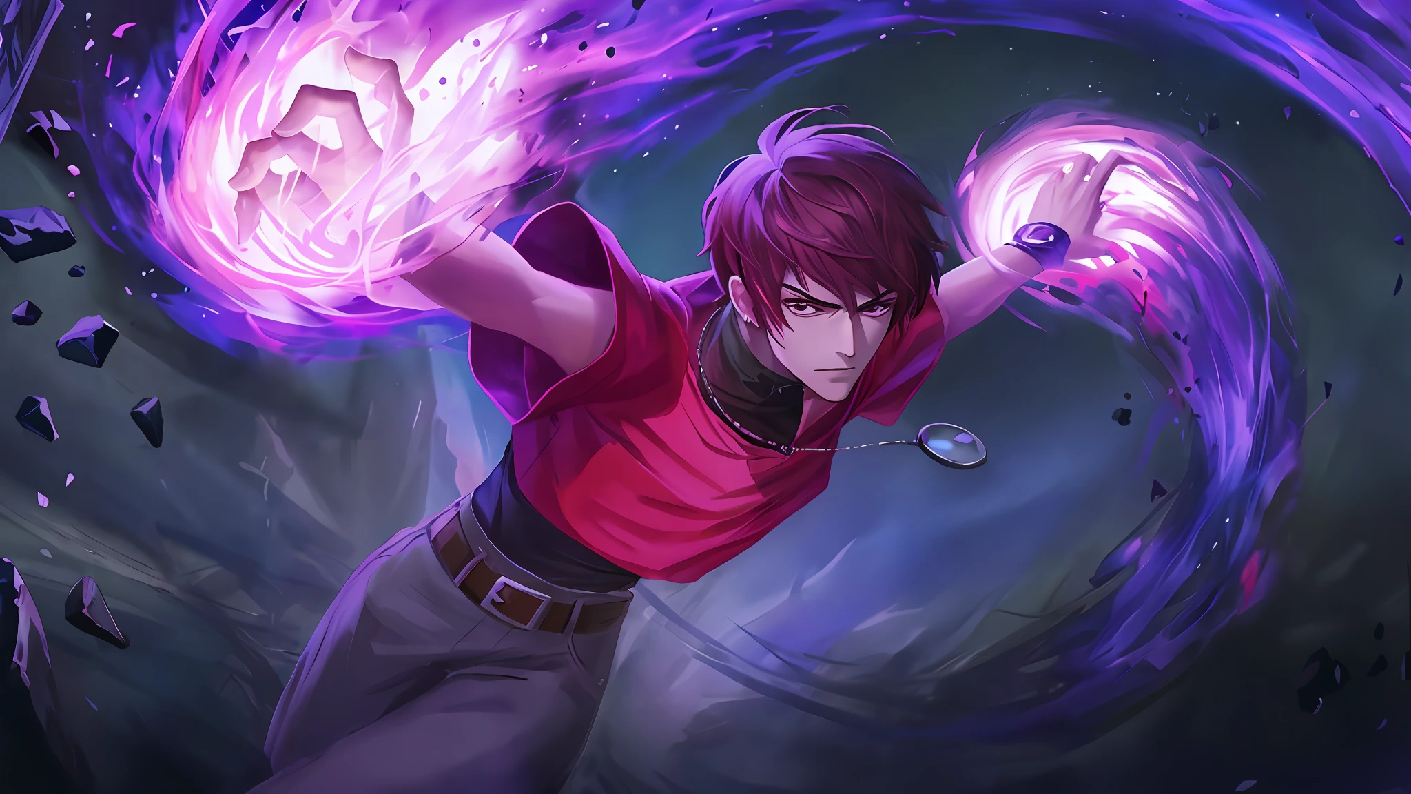 anime, a man with a red shirt and a purple shirt is holding a purple ball, epic anime style, heise jinyao, arcane art style, painted in the style arcane, range murata and artgerm, arcane from netflix, valentina remenar, skinny male fantasy alchemist, wiccan, sakimi, young shadow mage male
