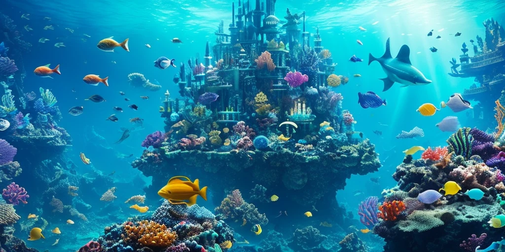 ((under the sea)), many fishes around the ocean, cyberpunk ocean, the city under the ocean, ((masterpiece)), magic ocean, scene, game, mysterious, hidden, fantastic, Atlantis,