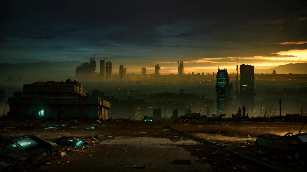 (masterpiece), (best quality), (detailed), landscape resembling a fallout, post-apocalyptic environment, dark and atmospheric, cyberpunk and post-apocalyptic elements, desolate cityscape, crumbling buildings, abandoned vehicles, fog and darkness engulfing the scene, high-resolution 8k image, capturing the eerie and mysterious essence of a world transformed by catastrophe