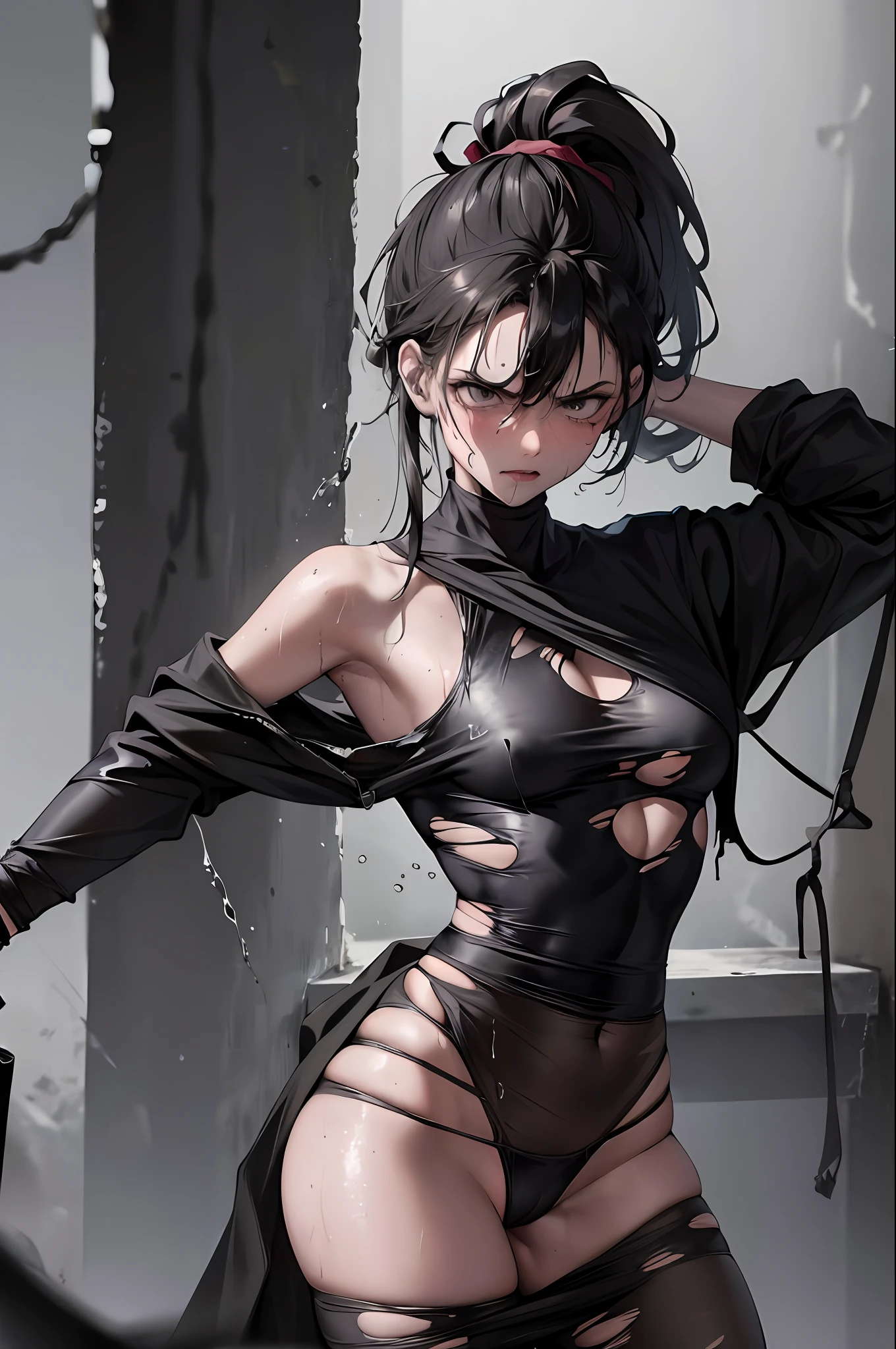 Prisoner of war, ninja, ponytail, black mask, medium breasts, torn clothes, cloth wrapped around chest, restraint, angry, slanted eyes, rope, wet all over, wet crotch, wet thighs, wet lips, watery eyes, shy