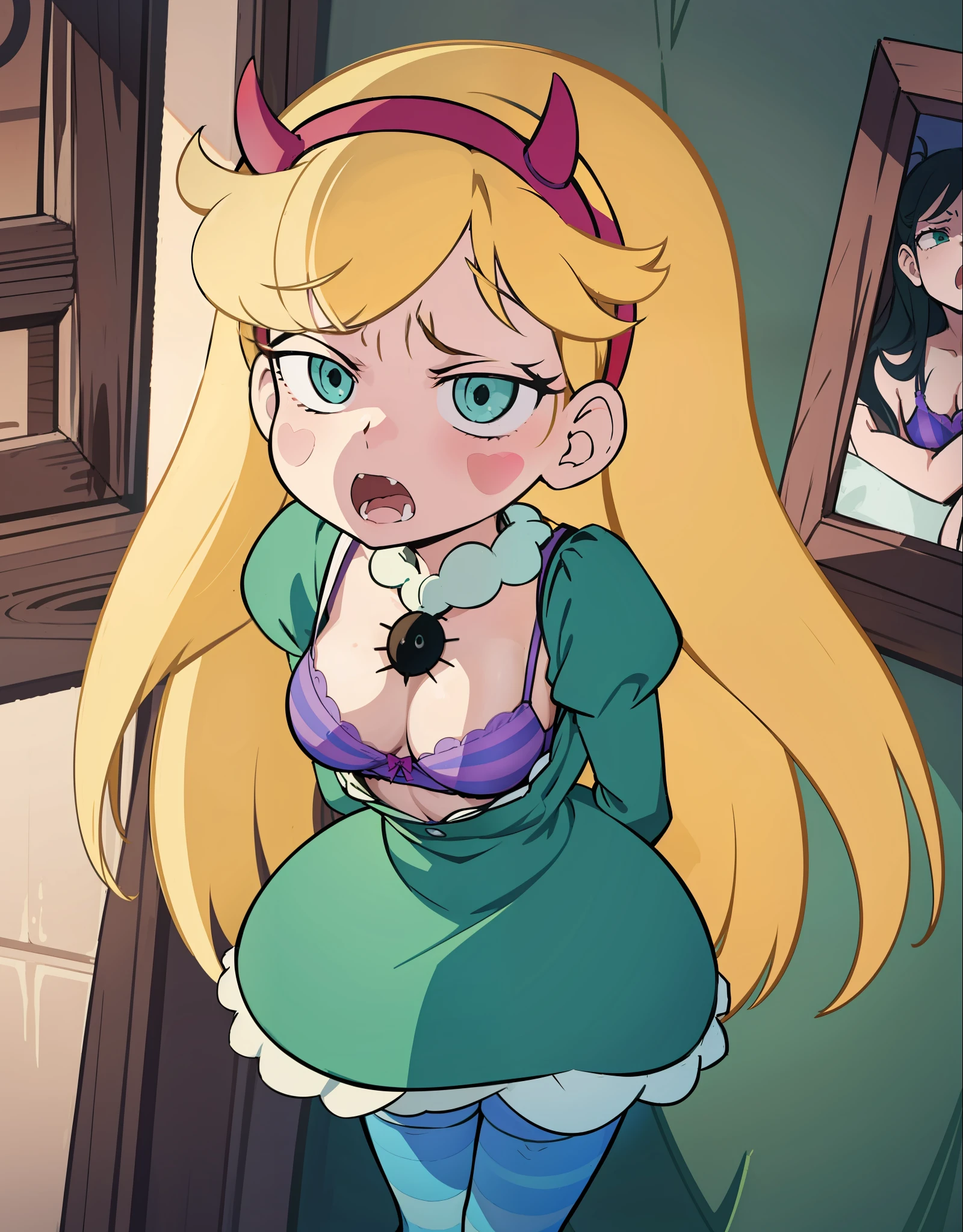 1girl, star butterfly, green spider outfit, red horn headband, masterpiece, better quality, girl, look at viewer, in the bedroom, purple striped pantyhose, show a bra, light from above, ((cum on bra)) ((looking disgusted)), ((embarassed)),