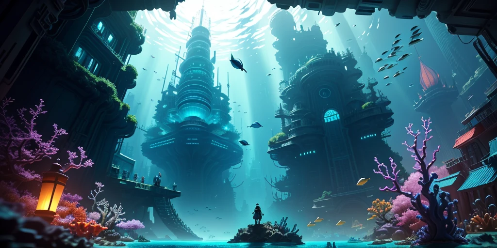 ((under the sea)), many fishes around the ocean, cyberpunk, the city under the ocean, ((masterpiece)), magic ocean, scene, game, mysterious, hidden, fantastic, Atlantis,