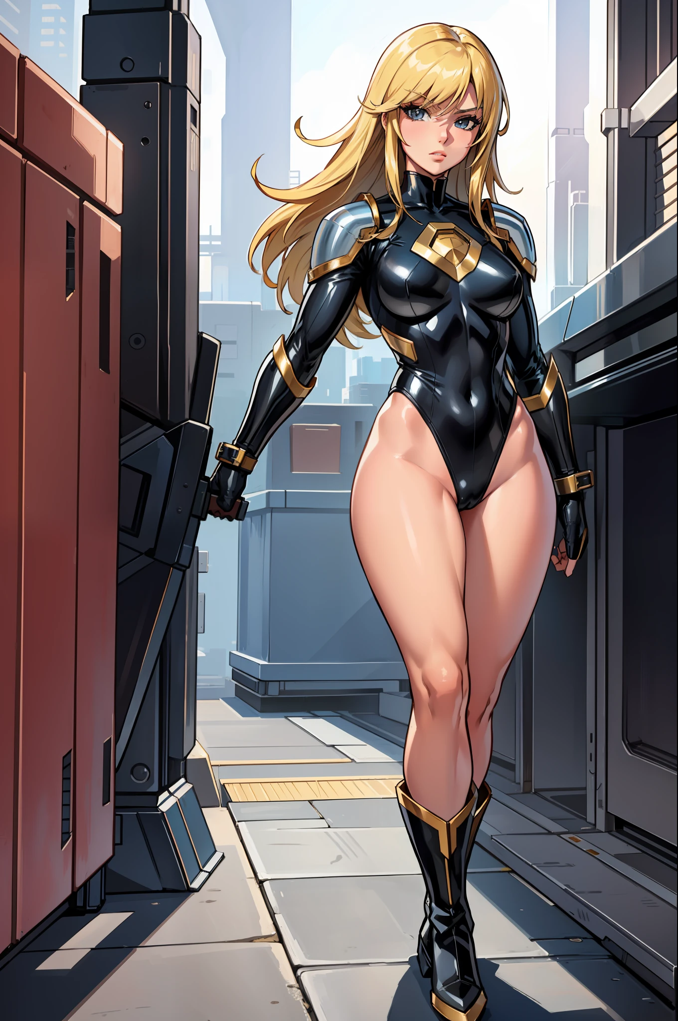 masterpiece, best quality, agrias, black leotard, looking at viewer, blonde hair, superhero, bare legs, eight-man costume, boots, standing