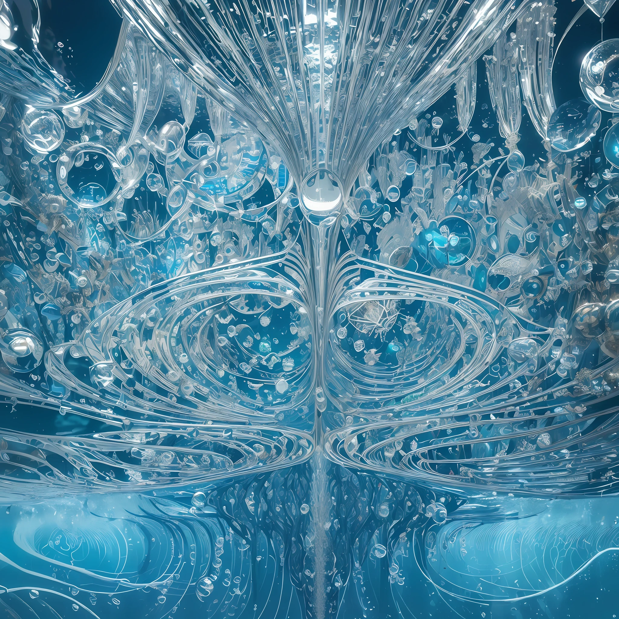 The best quality, the best photos, the details, the mechanical world on the horizontal line and the ((underwater world)) below the horizontal line, mirror symmetrical division, magic perspective, strong contrast, geometric shapes, mechanical creatures, steel, (( Bubbles from water bubbles)), lights flickering on a dark background. -- v 6